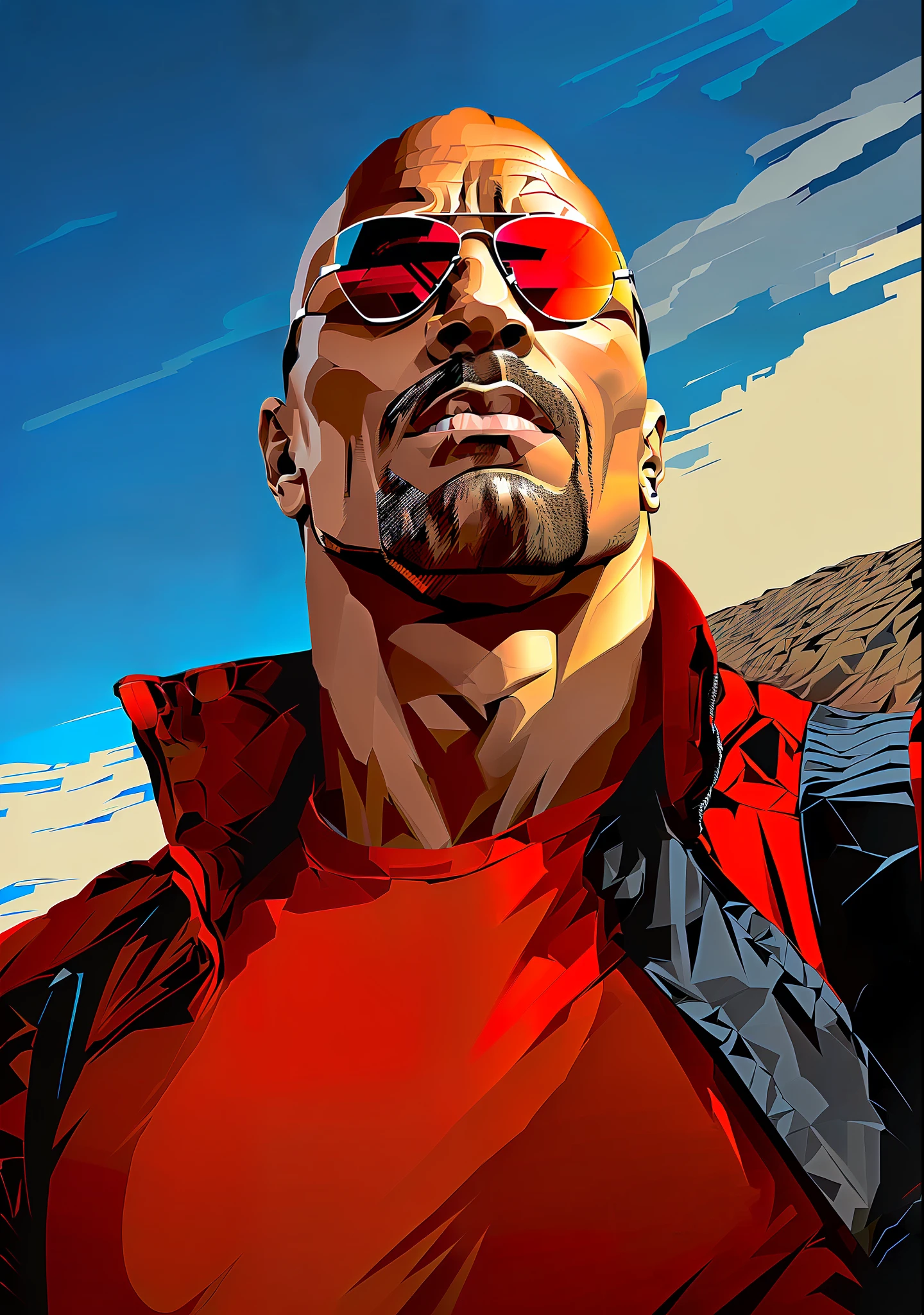 arafed image of a man with sunglasses and a red shirt, martin ansin artwork portrait, a portrait of dwayne johnson, portrait of dwayne johnson, martin ansin, epic portrait illustration, epic digital art illustration, the rock, highly detailed digital artwork, 4k highly detailed digital art, digital painting highly detailed, 4k detailed digital art, low detailed. digital painting