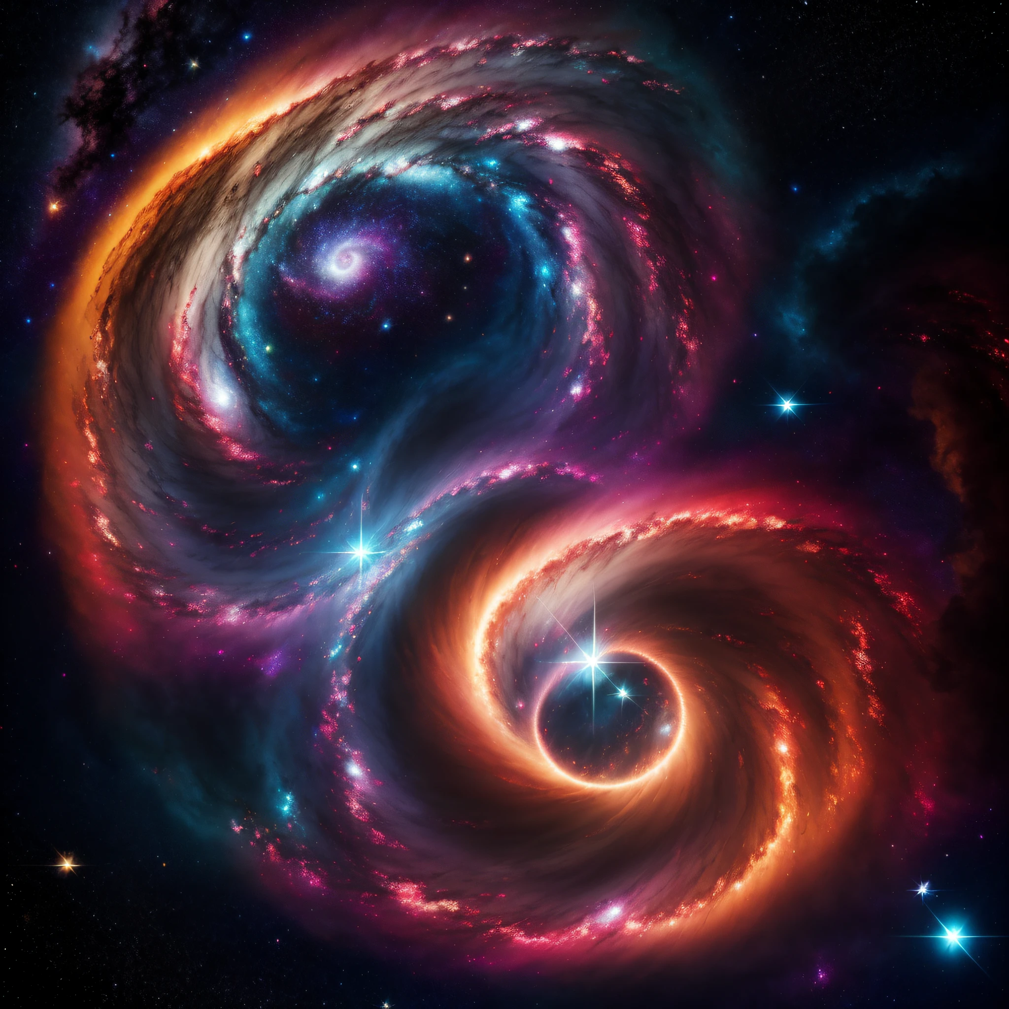 a close up of two spirals in the sky with stars, nebulas swirls, swirling galaxies, galaxies swirling around, swirling fire flames cosmos, whirling nebulas, cosmic and colorful, swirling water cosmos, colorful nebulas, spiral galaxy, galaxy, swirls of fire, galaxy and nebulas, galaxy gas brushstrokes