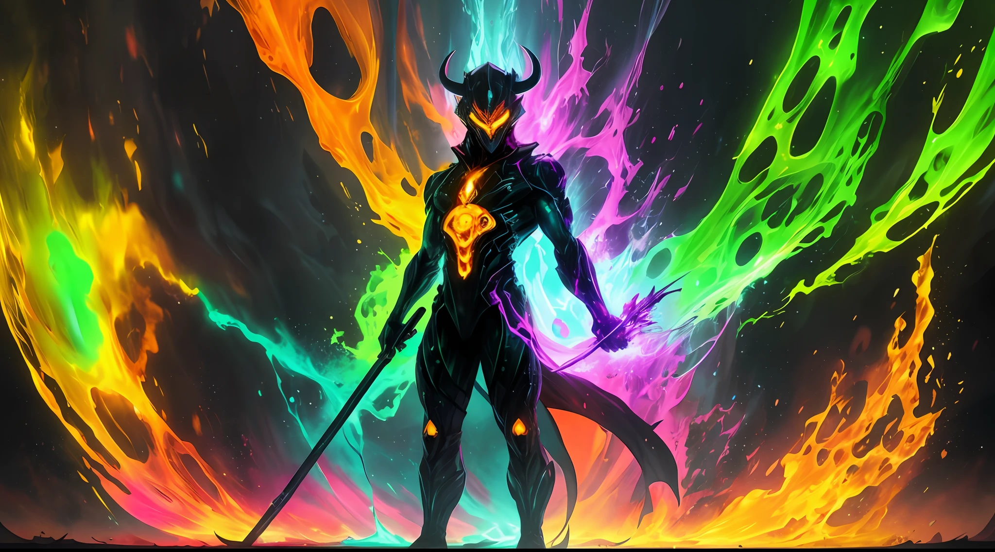 and, full body, demon with human body, chemical, radioactive glow, supersaturated abstract art