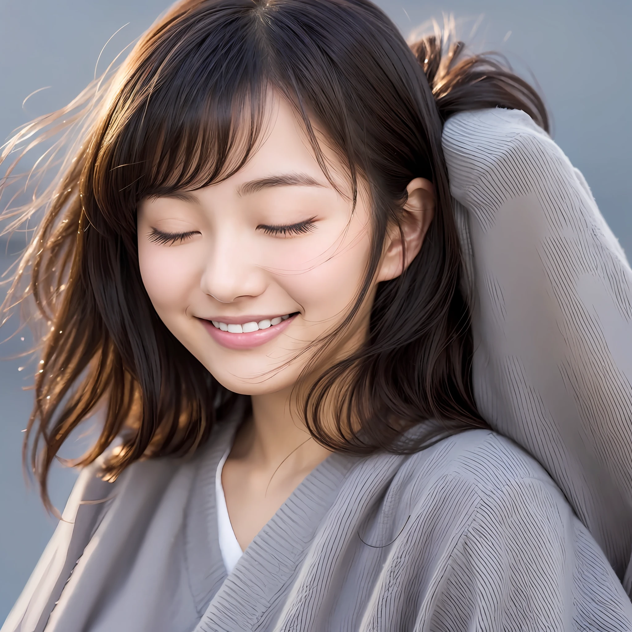 beautiful cute Serene young 18 years old Japanese woman with closed eyes and a happy smile in a close up head shot over a grey background, kind and warm feeling --auto --s2