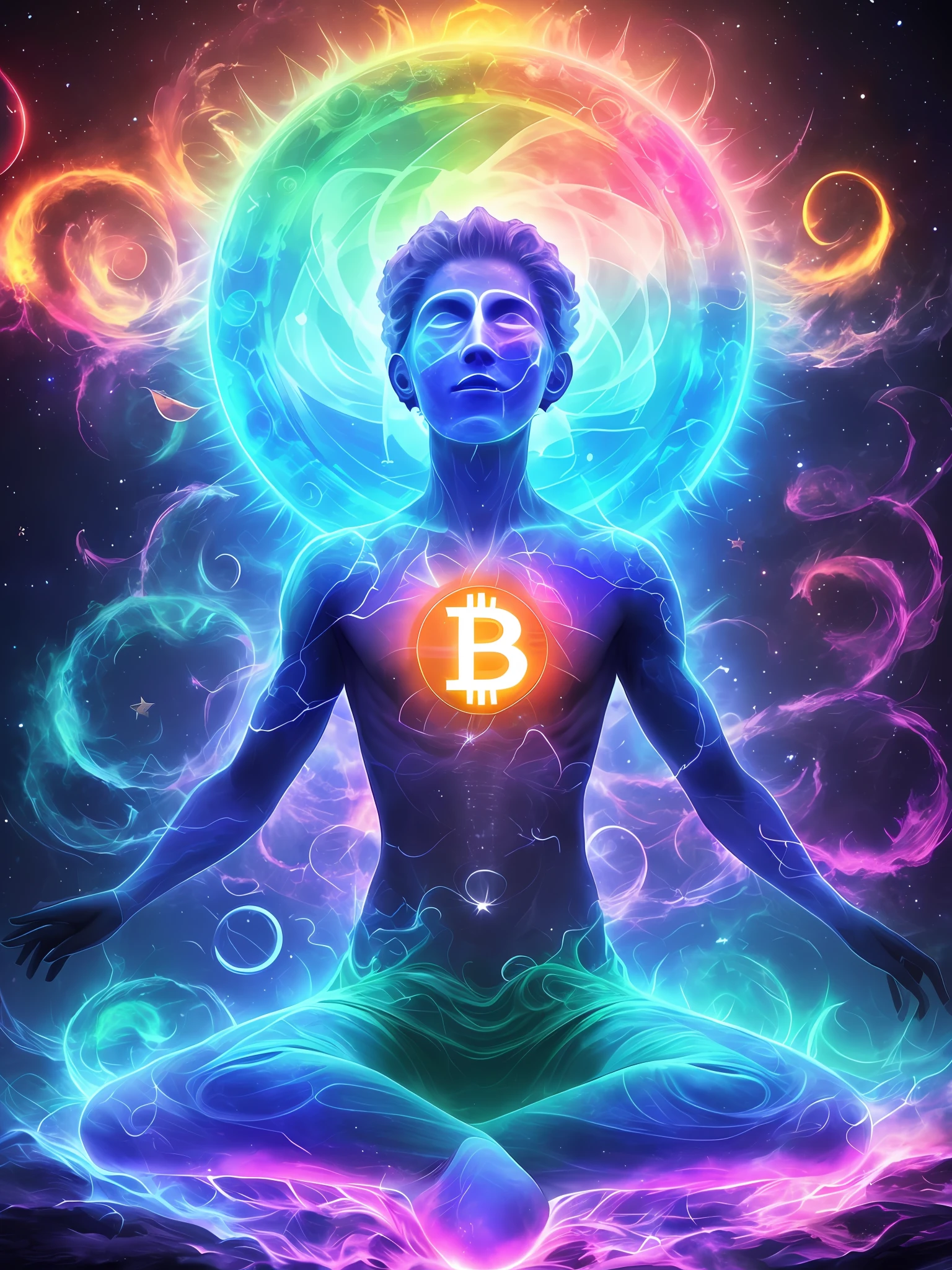 astral body, chaos atmosphere, bitcoin coming out