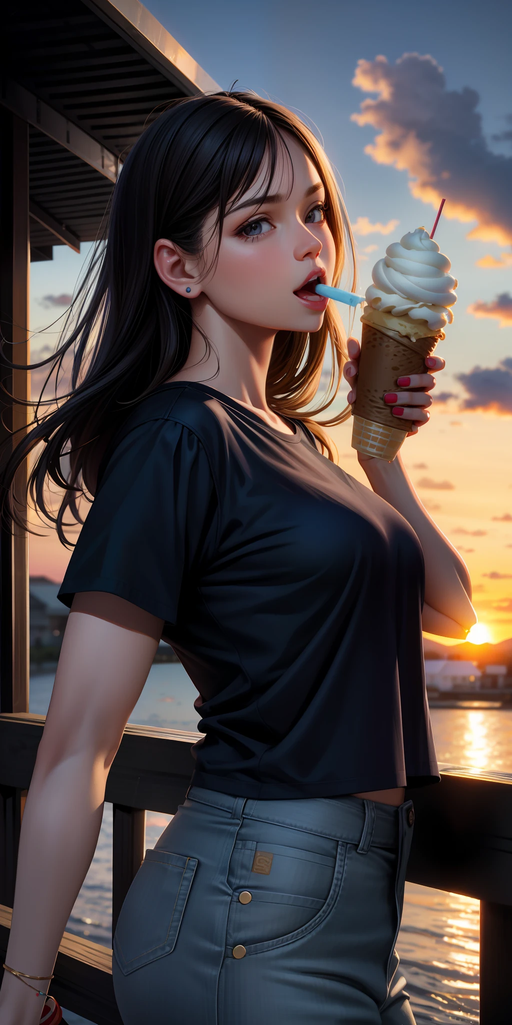 realistic, woman, selfie, wide mouth, licking, soft serve ice cream, face zoom, background sunset