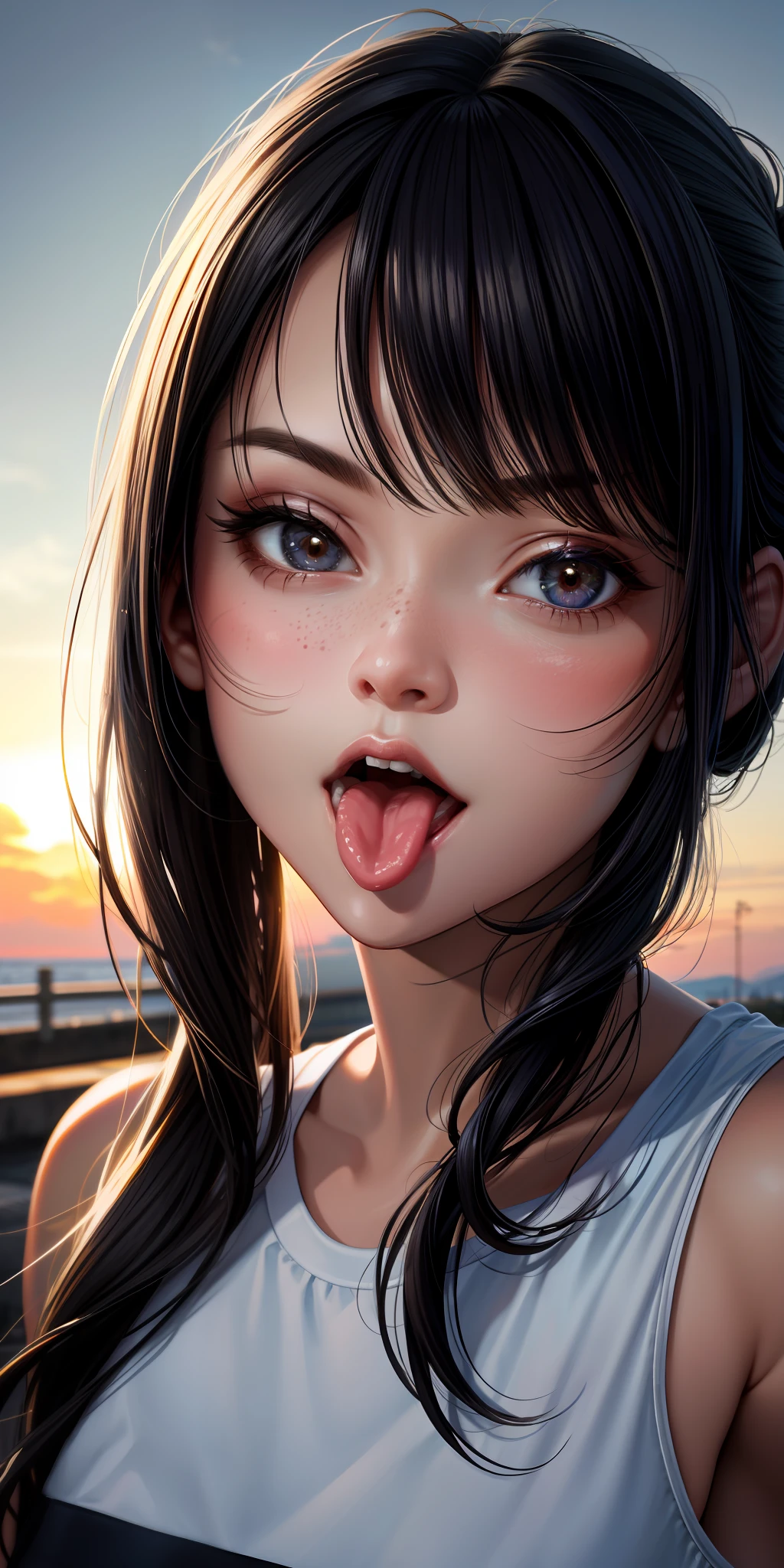 realistic, woman, selfie, wide mouth, licking, soft serve ice cream, face zoom, background sunset