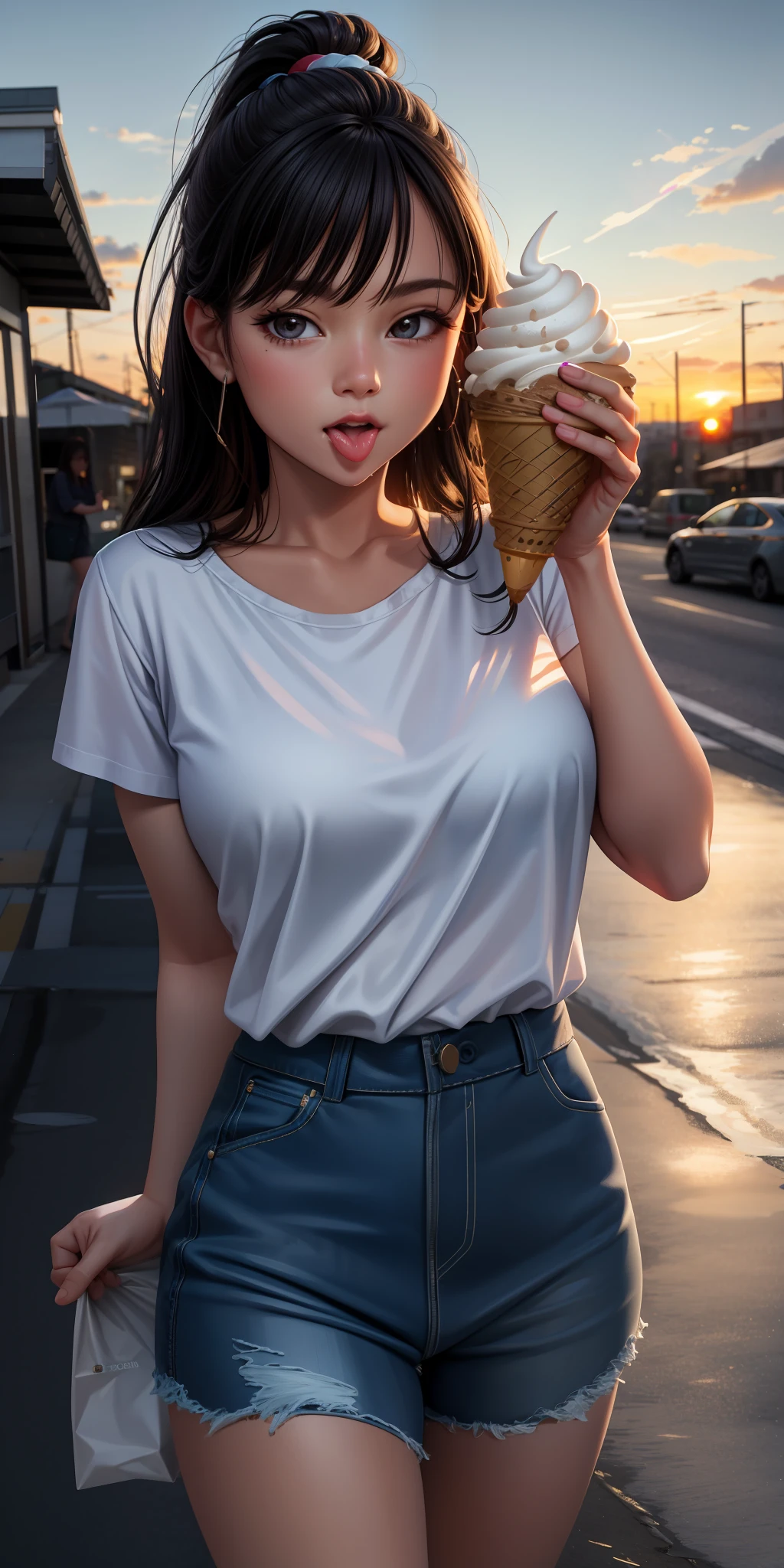 realistic, woman, selfie, wide mouth, licking, soft serve ice cream, face zoom, background sunset