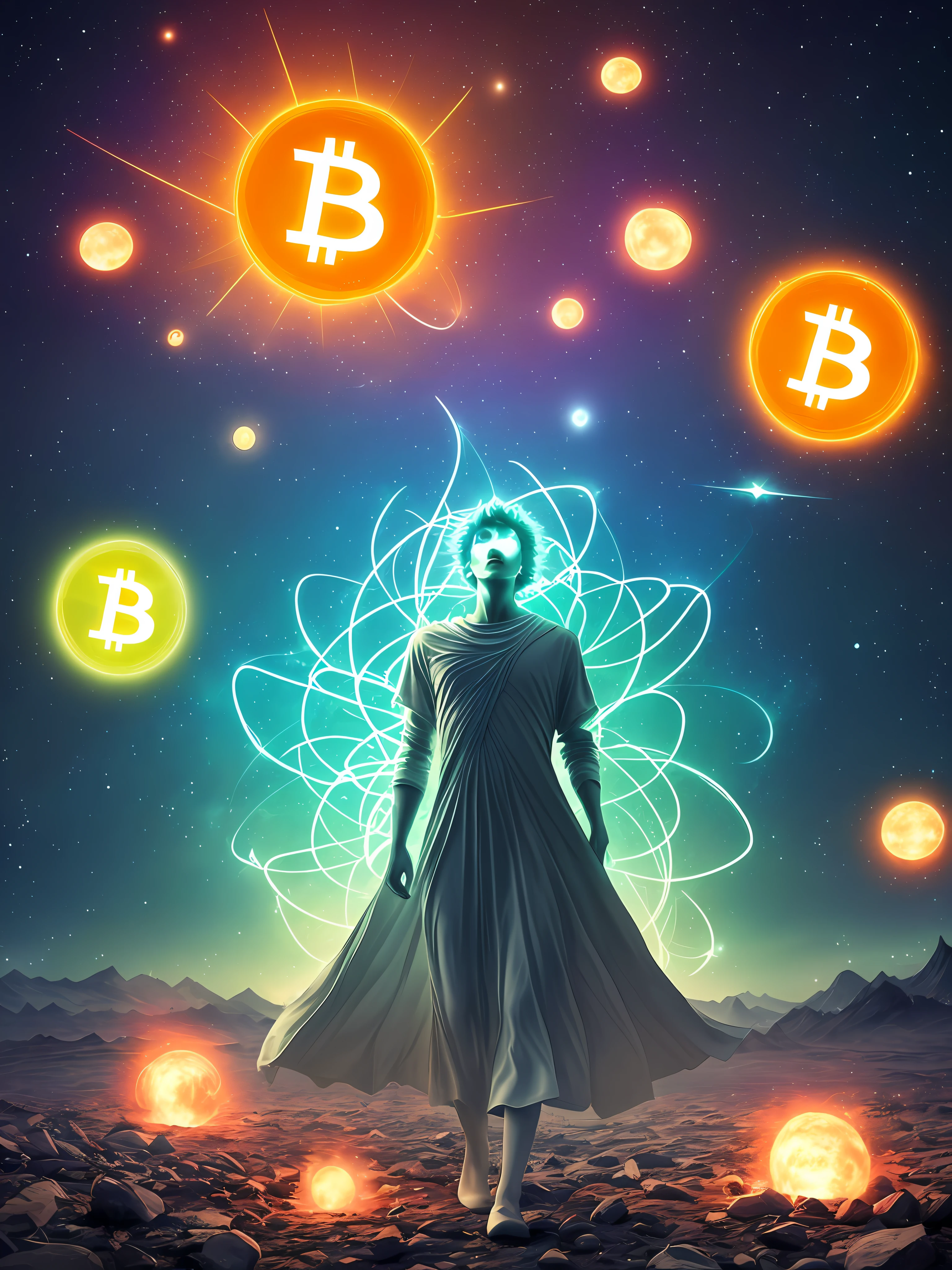 astral body, chaos atmosphere, bitcoin coming out