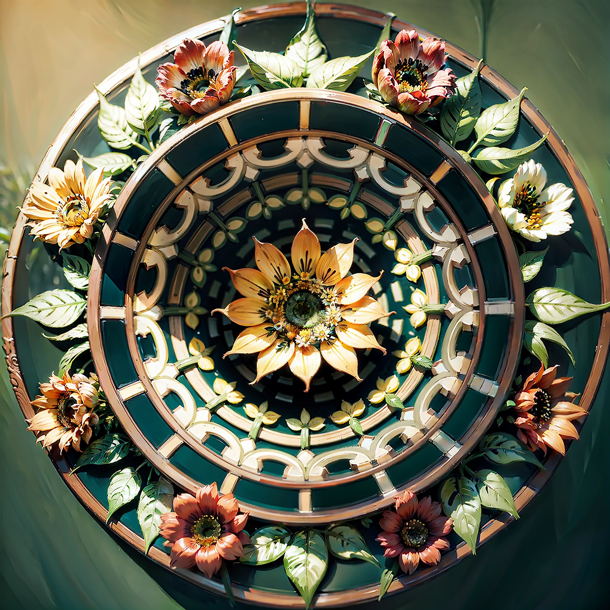 ARTISTIC MANDALA MADE OM LEAVES OF YELLOW AND DARK GREEN TREES WITH WHITE AND RED FLOWERS, ON A WHITE BACKGROUND, AND IN THE CENTER SMALL ROUND SEEDS