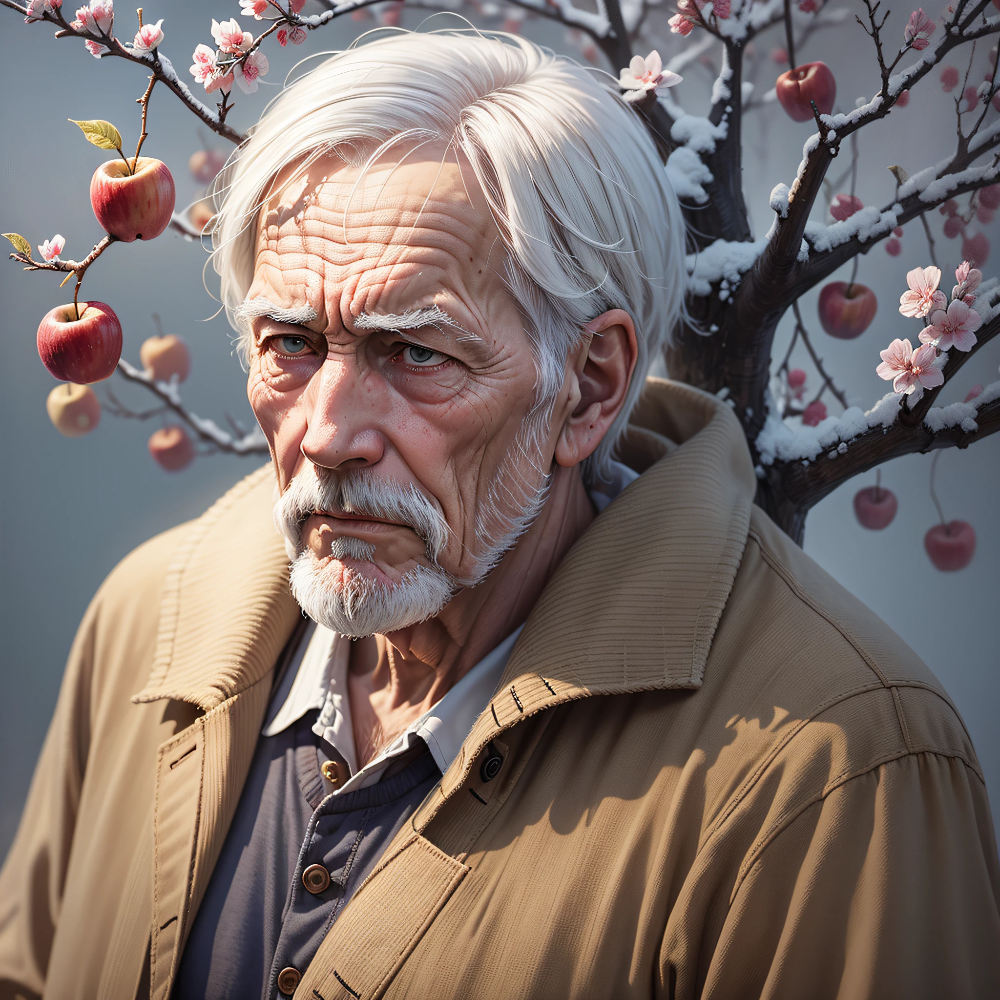 Old man looking, sad at an apple tree --auto --s2