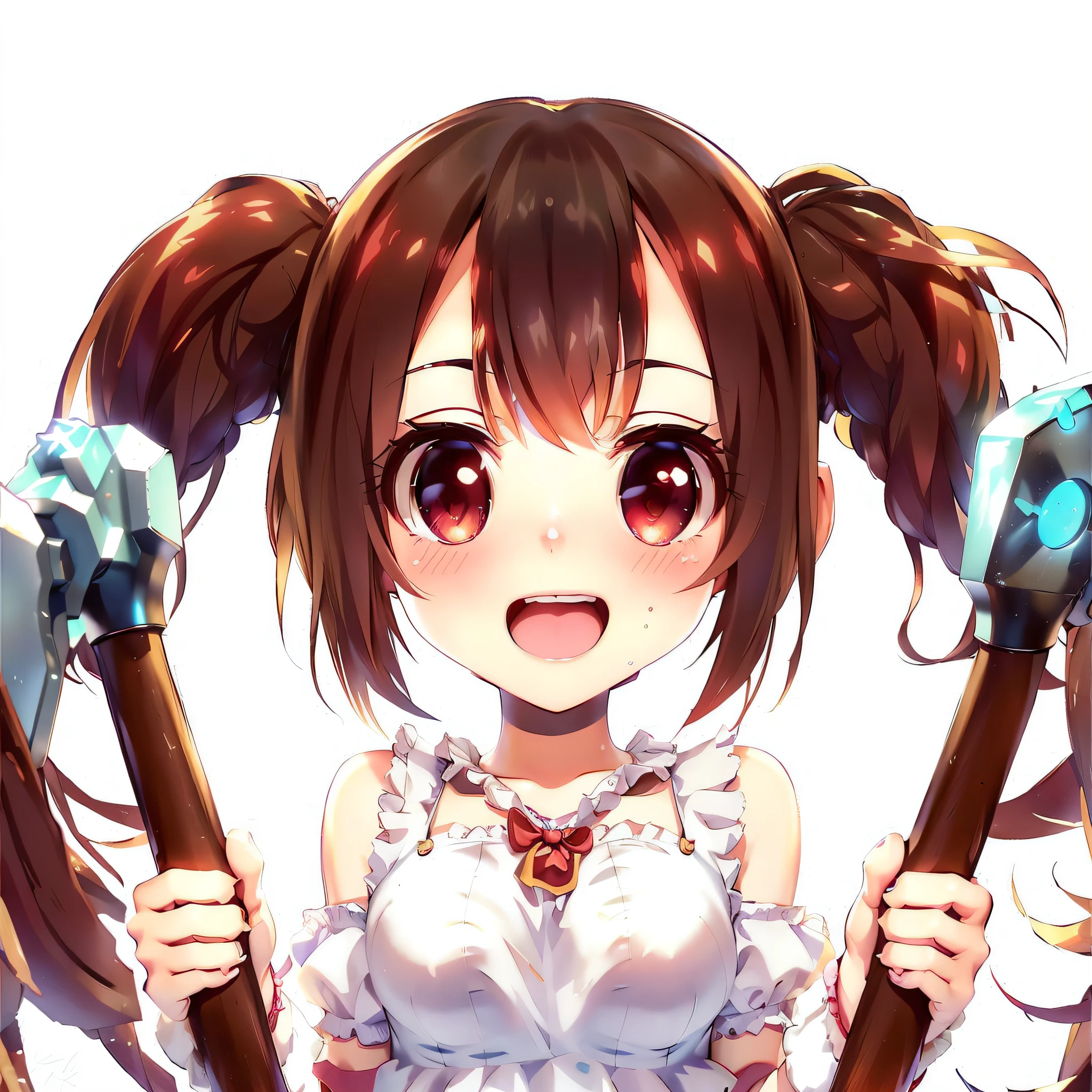 Anime girl with two big axes in hand, anime moe art style, splash art anime loli, cute girl anime visual, cute anime girl, little loli girl, small curve loli, digital anime art!, ahegao, fleet collection style, [4K digital art]!, pixiv contest winner, cute anime, Twin tails, left hand is a diamond ice axe