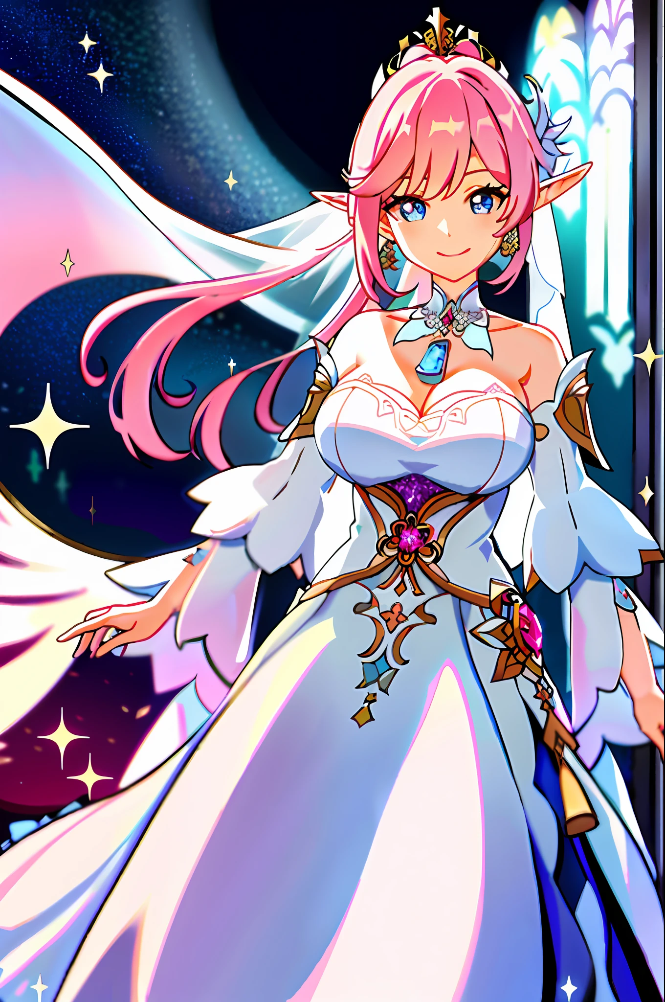 masterpiece, best quality, 1girl, solo, upper body, genshin impact, 1girl, elf ears, branch, large breasts, half-open mouth, elysia, long hair, loose hair, huge breasts, large breasts, massive breasts, elysia (Honkai Impact), jewelry, long hair, long skirt, long dress, wedding dress, poofy dress, frilly dress, huge dress, floating, flying, angelic, veil, white veil, long veil, blunt bangs, looking at viewer, ear cuffs, breasts, wide sleeves, loose sleeves, big sleeves, elegant white dress, elegant dress, white dress, long flowing dress, long dress, flowy dress, wedding dress, night, stars, goddess, floating, flying, goddess, sparkles, stars, serene, elegant, beautiful, big smile, pink hair, blue eyes, pink pupils, pink pupils, blue eyes, pink pupils, sidelocks, smile, solo, dynamic pose, genshin,