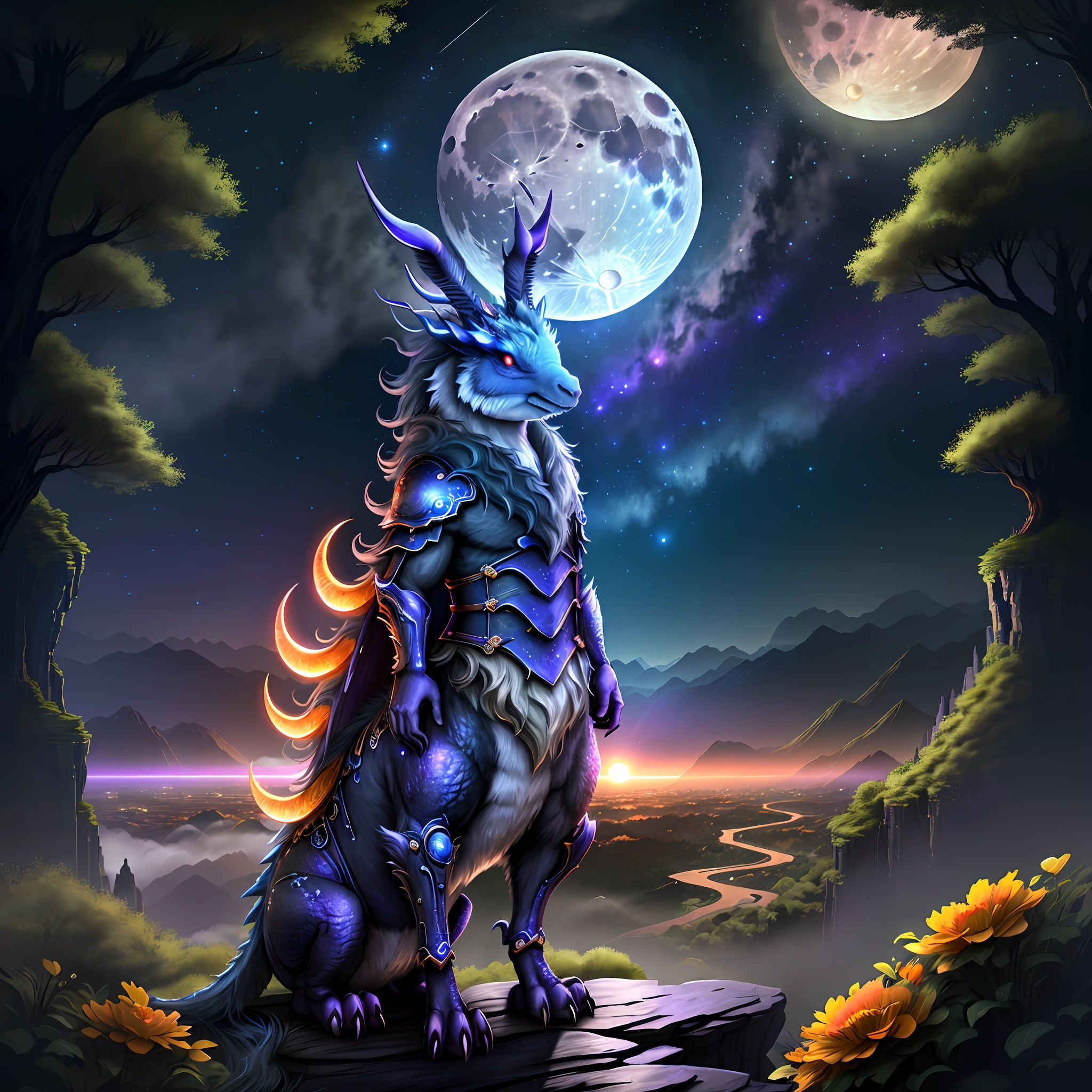 Vast landscape photos, (looking at the sky and the wilderness below), "A rabbit, magical, anthropomorphic, girl, angry expression, glowing eyes, Wanruo mask, Hanfu, background of ancient Chinese streets, night." Genshin Impact Impact, Best Quality, High Detail, High Quality, Ultra High Resolution, OC Rendering, 8K" Standing in a Flower Field and Looking Up, (Full Moon: 1.2), (Meteor: 0.9), (Nebula: 1.3), Far Away Mountains, Tree Breaking Making Art, (Warm Source: 1.2), (Firefly: 1.2), Lights, Purple and Orange, Intricate Details, Volumetric Lighting BREAK (Masterpiece: 1.2), (Highest Quality), 4K, Ultra Detailed, (Dynamic configuration: 1.4), Highly detailed and colorful details (rainbow color: 1.2), (Sparkling lighting, atmospheric lighting), Dreamy, magical, (Solo: 1.2), (Ying Dragon God), (Through the clouds), (Top of the mountains), (Complex), (Super Detail), (Starry Sky Background), (Stout Limbs), (Moon Night), (Ultra Clear), (Best Quality),