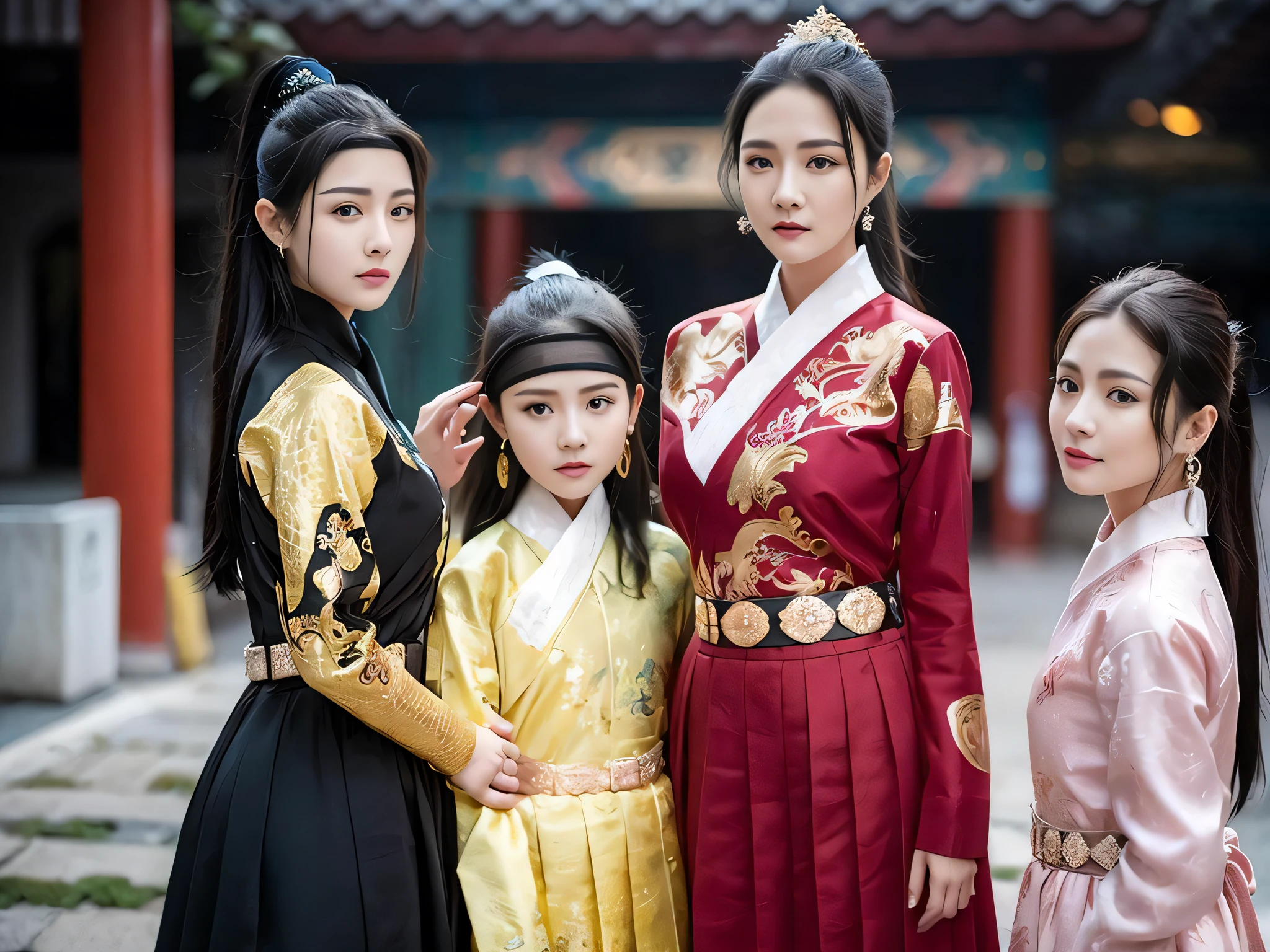 feiyu_clothes, red fabric, gold embroidery, black bracer with golden embroidery, high ponytail, depth of field, night cityscape, (3girls:1.6), ulzzang-6500v1.1, (original: 1.2), (realistic: 1.3) , beautiful girl with beautiful details, extremely detailed eyes and face, eyes with beautiful details, absurd, incredibly absurd, huge file size, ultra detail, high resolution, ultra detailed, best quality, masterpiece, illustration, ultra detailed and beautiful, ultra detailed, CG, unity, 8k wallpaper, amazing, fine Detail, masterpiece, top quality, official art, extremely detailed CG unity 8k wallpaper, cinematic lighting, (perfect shiny skin:0.6), slim and smooth lines, (floating), (small breasts:1), earrings , masterpiece, best quality,