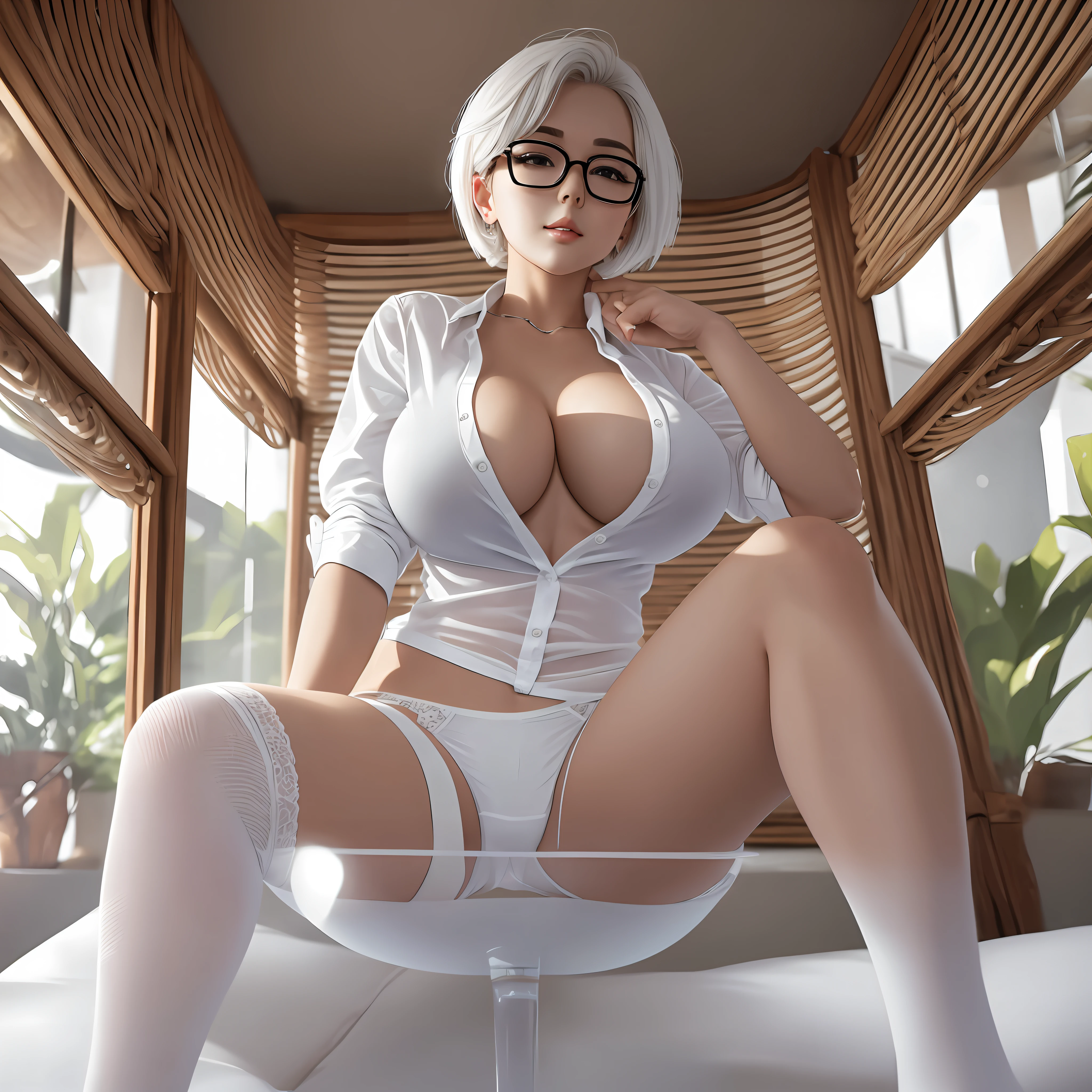 Sitting, white glasses, short white hair, touching chest, (8k, RAW photo, photorealistic:1.25) ,( lip gloss, eyelashes, glossy face, shiny skin, best quality, super high resolution, depth of field, Chromatic aberration, caustics, wide light, natural shadows, Kpop idol) looking at the viewer with serenity and goddess-like bliss, full body, big breasts, white underwear, black stockings, see-through shirt, white shirt, secretary --auto --s2