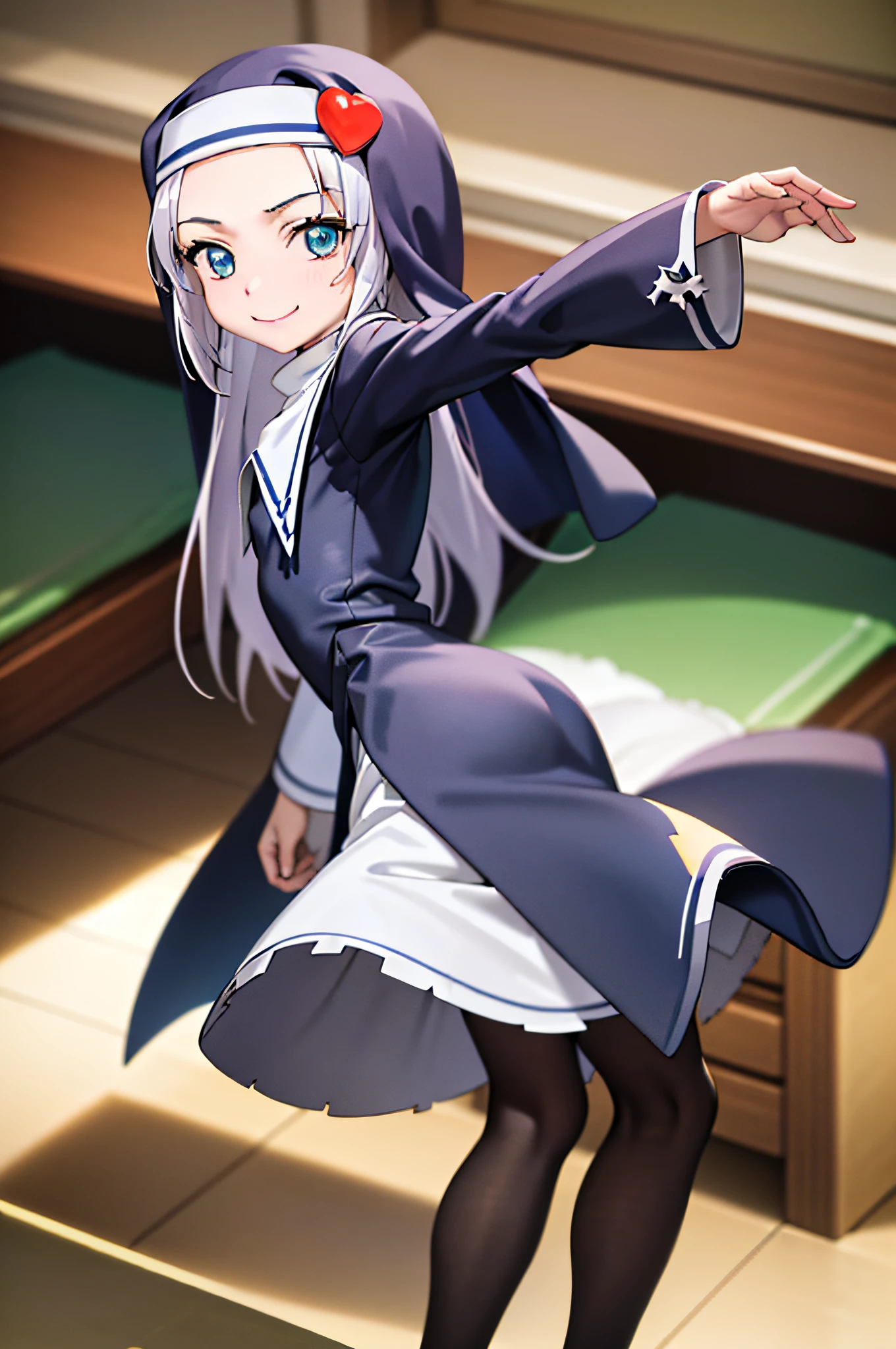 (best quality:1.1), (masterpiece:1.4), (absurdres:1.0), portrait, close-up,
1girl, takayama maria, silver hair, flat chest, blue eyes, long hair, nun, looking at viewer, classroom, smile,