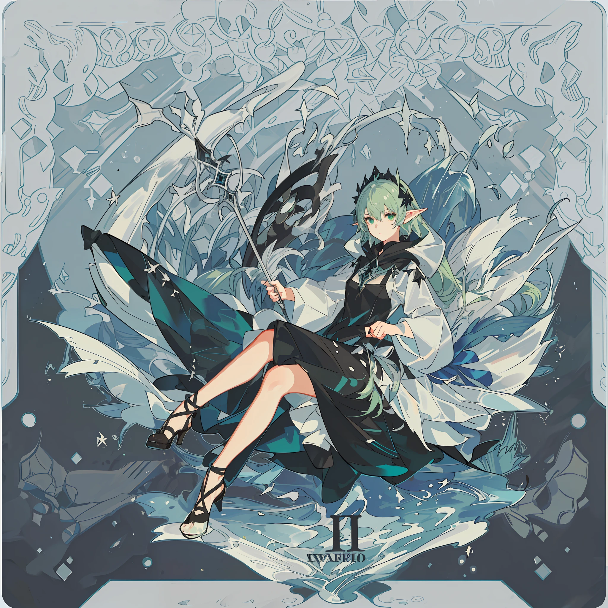 Two-dimensional girl, elf, anime elf, green, blue, black, water, ocean, abyss, with hood, hood, jumpsuit, various poses, battle costume, genshin, front view, front view, black box, black box in hand, comfortable expression, relaxed expression