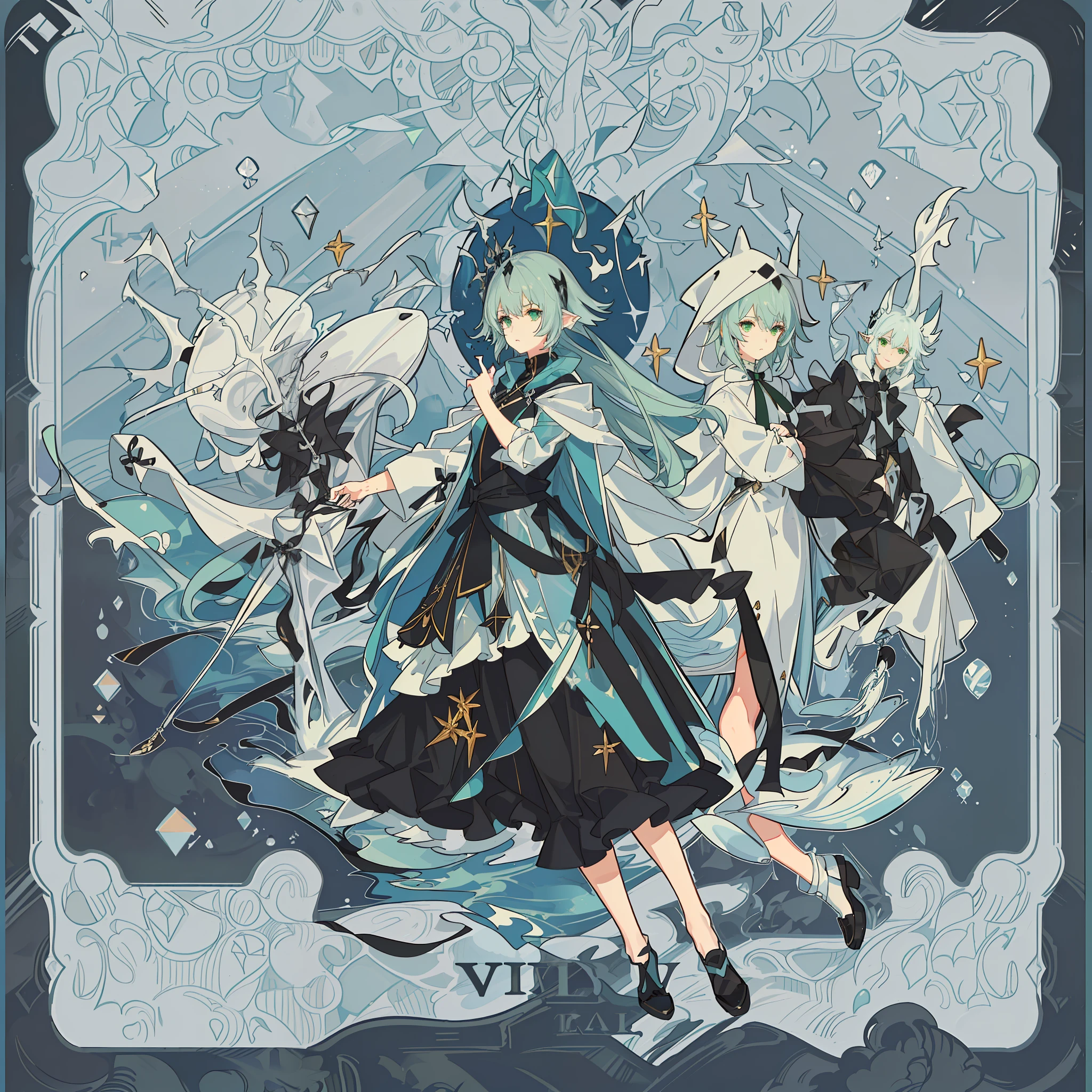 Two-dimensional girl, elf, anime elf, green, blue, black, water, ocean, abyss, with hood, hood, jumpsuit, various poses, battle costume, genshin, front view, front view, black box, black box in hand, comfortable expression, relaxed expression