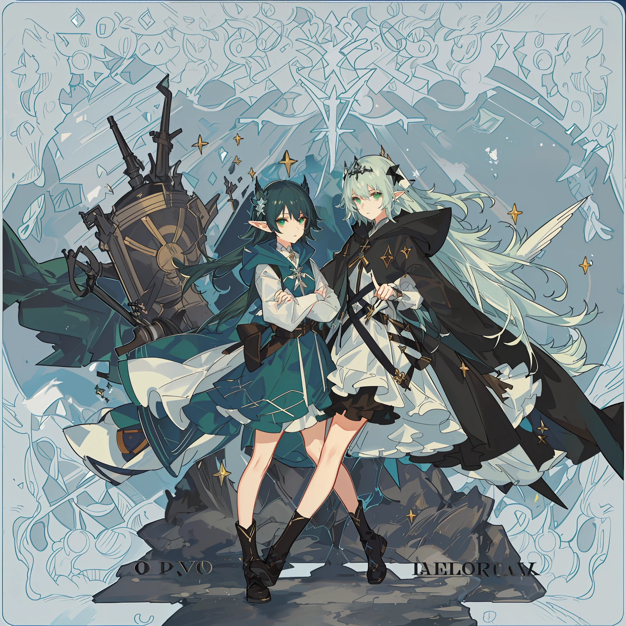 Two-dimensional girl, elf, anime elf, green, blue, black, water, ocean, abyss, with hood, hood, jumpsuit, various poses, battle costume, genshin, front view, front view, black box, black box in hand, comfortable expression, relaxed expression