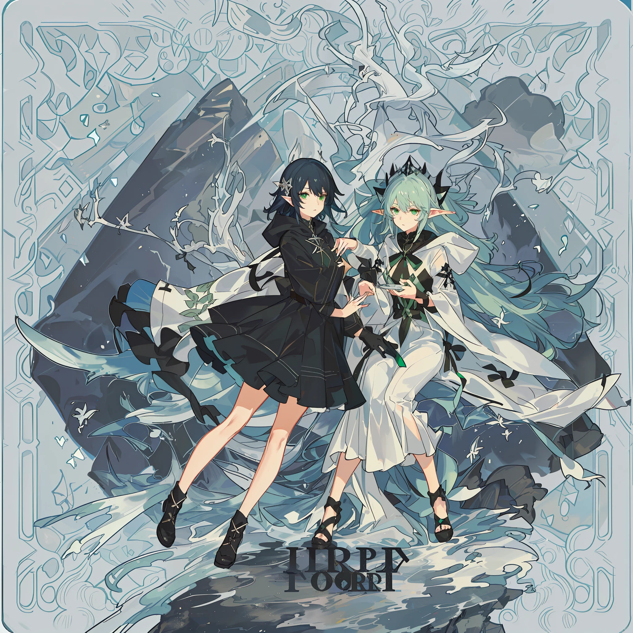 Two-dimensional girl, elf, anime elf, green, blue, black, water, ocean, abyss, with hood, hood, jumpsuit, various poses, battle costume, genshin, front view, front view, black box, black box in hand, comfortable expression, relaxed expression