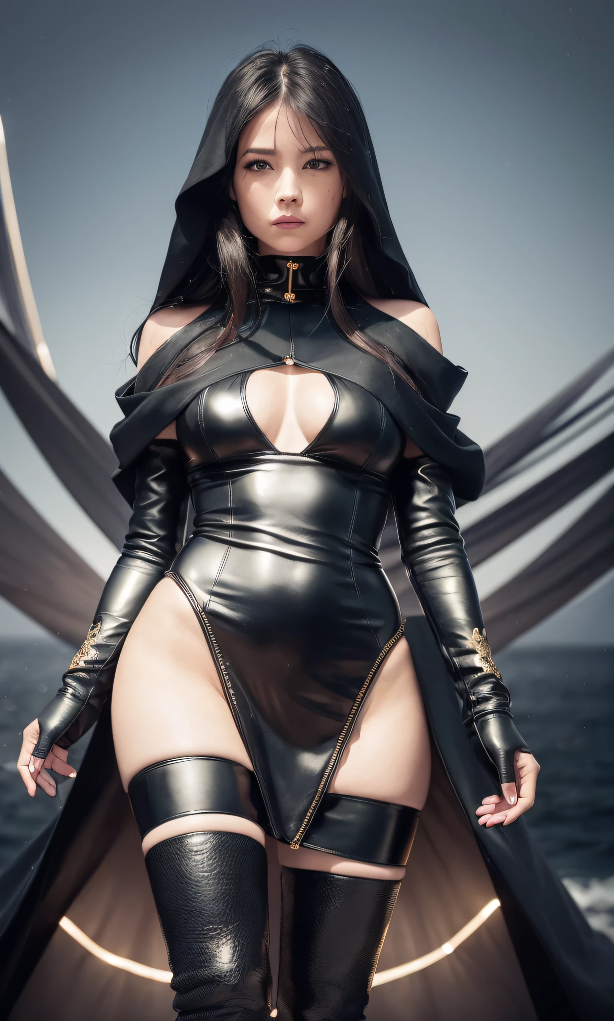 (((woman walking on water facing viewer, dressed in a tight black leather outfit, long black skirt open at her legs, black medieval shoulder pads with intricate detailing, and underneath a black waist-length cloak blown by the wind, knee-length black leather, black hair))), ((cuerpo completo)), close-up of woman, background cylindrical water-polished rocks blurred by day, overhead light above foreground, against light close-up, black boots with gold details, dress black leather with golden details, symmetrical face and eyes, blue eyes, temperature 5560 K color nikon D7000 ), tranquility, (highly detailed, hyper detailed), natural lighting, solid-state led lighting, deep field of view, 8mm lens, f/2.8, camera gopro Max 360