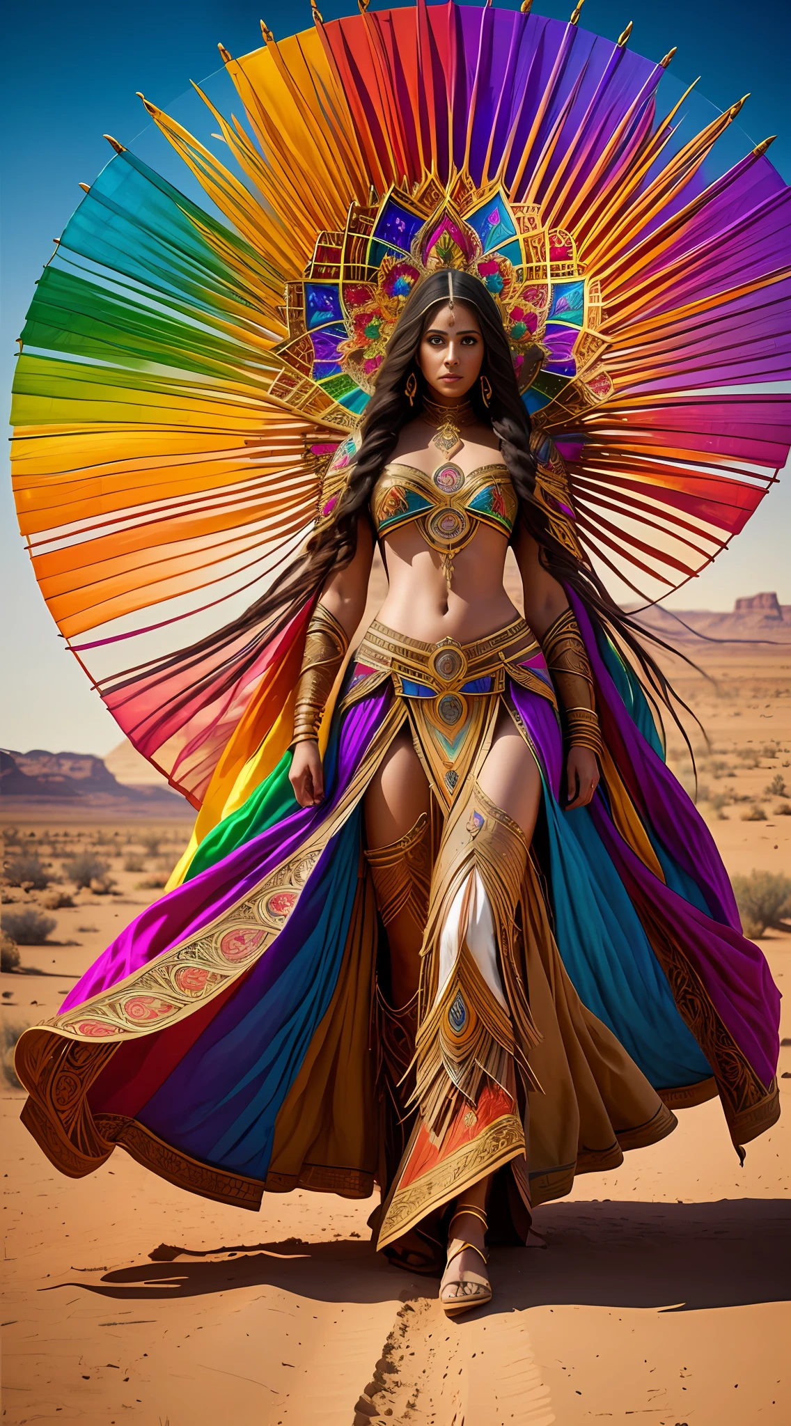 create Eden Mor in Full body photography of the most beautiful artwork in the world, a beautiful woman in intricate costume burning in the desert, rainbow colors, ArtStation, CGSociety, complex, high detail, clear focus, dramatic, realistic pictorial art trends Greg Rutkovsky --auto --s2