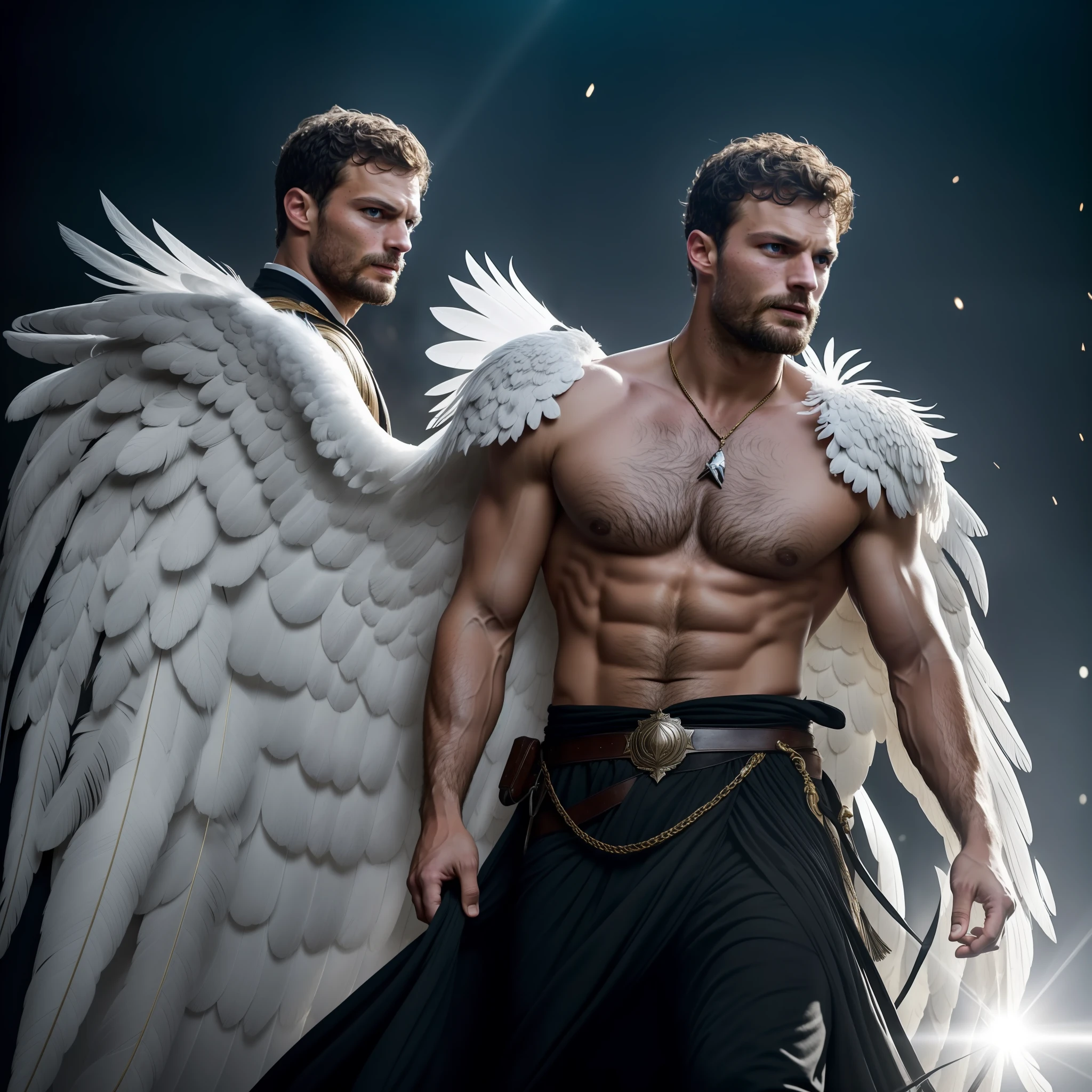 Man with large wings of white feathers on the back, Archangel, large wings, Jamie Dornan, eyes of light, wearing short black beard, wearing Golden Crown, focus on the details of the face, coming out happy rays, serious and attractive man, wearing white tunic, magical and real effect, movie cover, with magical light explosions, powerful celestial warrior, similar to actor Jamie Dornan,  Dark black image background, (8k, RAW photo, best quality, masterpiece: 1.2), (realistic, photorealistic: 1.37), professional lighting.