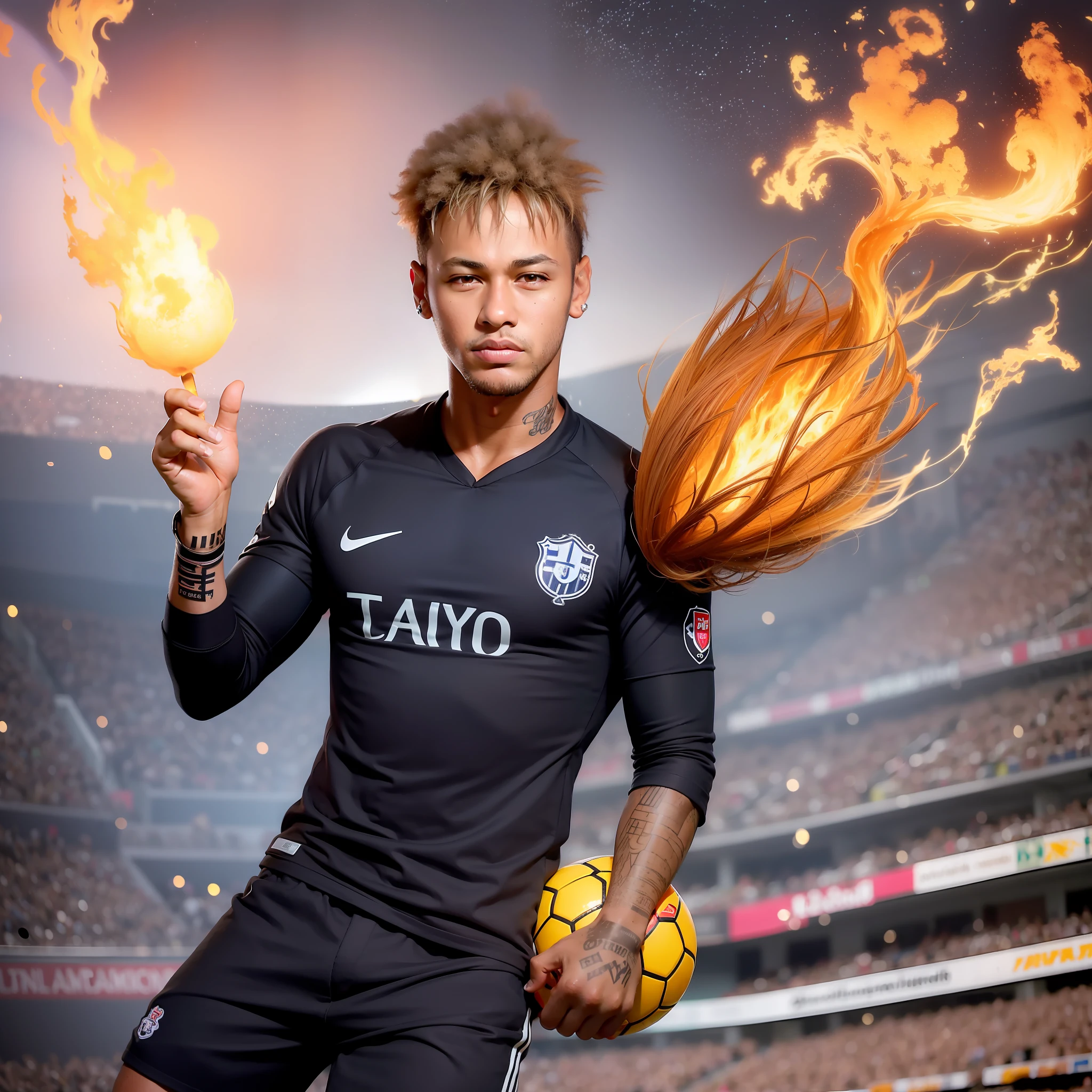 neymar,on the field,with the bleachers on fire,(hair on fire)(rough skin)(natural image)(whole body),foot on top of a ball,black shirt with white stripes (masterpiece)