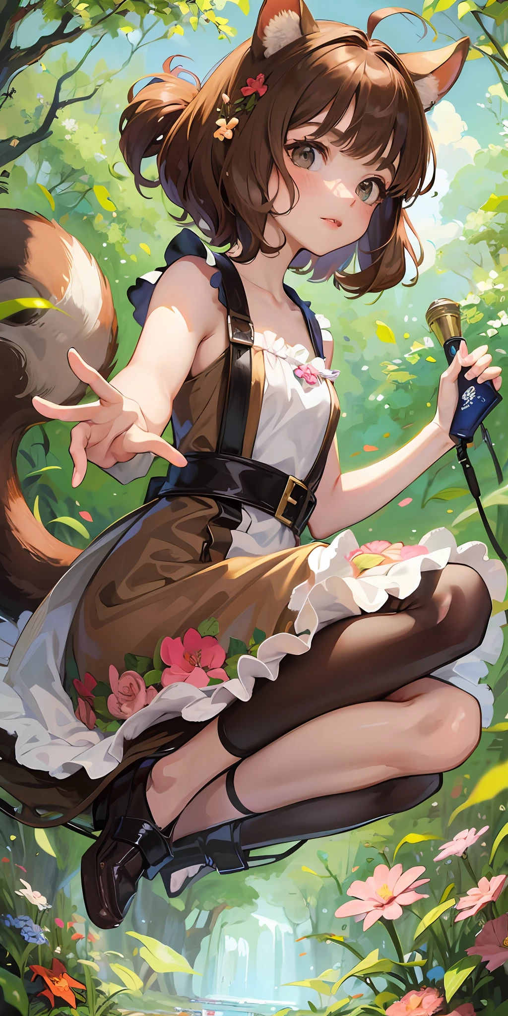 girl with small animal ears, squirrel girl, girl wearing floral dress, anime style, studio ghibli, girl with short brown hair, detailed background --auto --s2