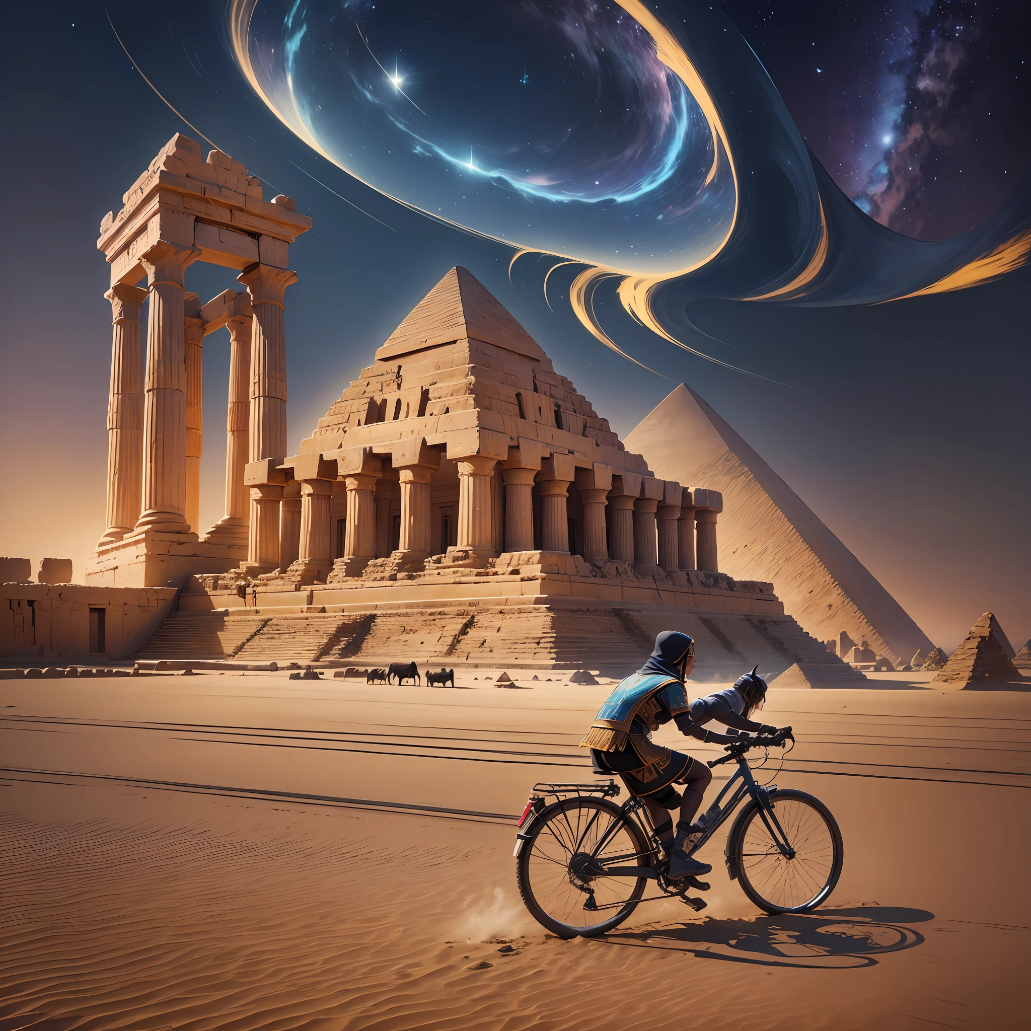 The image depicts a majestic ancient Egyptian temple with tall columns and intricate sculptures. The temple is situated in a vast desert, with a clear blue sky on one side and a starry night on the other. The temple is bathed in a glow of half day and midnight, with the left half adorned with the warm tones of the setting sun and the right half shrouded in a mysterious darkness.
In the foreground, a cyclist can be seen, reminiscent of the design of the 100-year-old LSD bike. The bike is decorated with intricate patterns and symbols, and the rider is dressed in traditional Egyptian clothing. The knight seems to be pedaling towards the temple, as if in search.
Overall, the image exudes a sense of wonder and enchantment, with a reference to the past and a hint of the future. --auto --s2