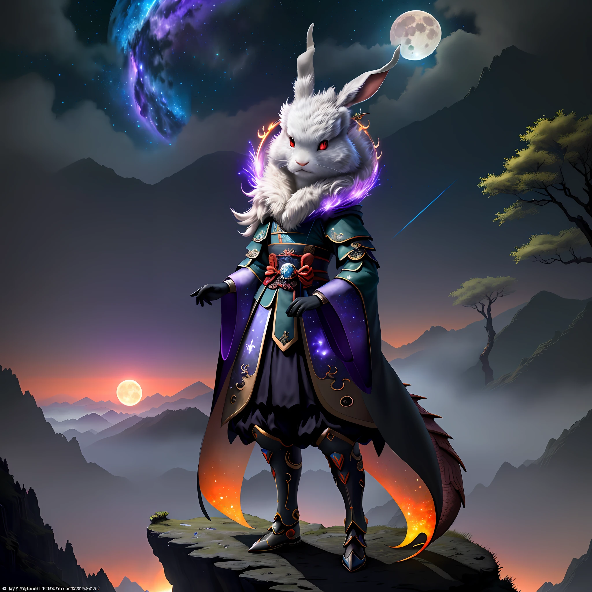 Vast landscape photos, (looking at the sky and the wilderness below), "A rabbit, magical, anthropomorphic, girl, angry expression, glowing eyes, Wanruo mask, Hanfu, background of ancient Chinese streets, night." Genshin Impact Impact, Best Quality, High Detail, High Quality, Ultra High Resolution, OC Rendering, 8K" Standing in a Flower Field and Looking Up, (Full Moon: 1.2), (Meteor: 0.9), (Nebula: 1.3), Far Away Mountains, Tree Breaking Making Art, (Warm Source: 1.2), (Firefly: 1.2), Lights, Purple and Orange, Intricate Details, Volumetric Lighting BREAK (Masterpiece: 1.2), (Highest Quality), 4K, Ultra Detailed, (Dynamic configuration: 1.4), Highly detailed and colorful details (rainbow color: 1.2), (Sparkling lighting, atmospheric lighting), Dreamy, magical, (Solo: 1.2), (Ying Dragon God), (Through the clouds), (Top of the mountains), (Complex), (Super Detail), (Starry Sky Background), (Stout Limbs), (Moon Night), (Ultra Clear), (Best Quality),