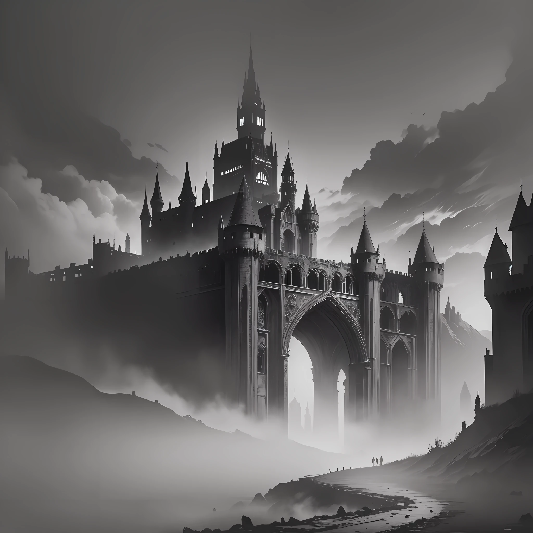 A macabre, dark, dark fantasy style, dark souls style, gothic, a decaying bridge connects the castle to another part of the abyss, dark visula, black and white, decadent castle