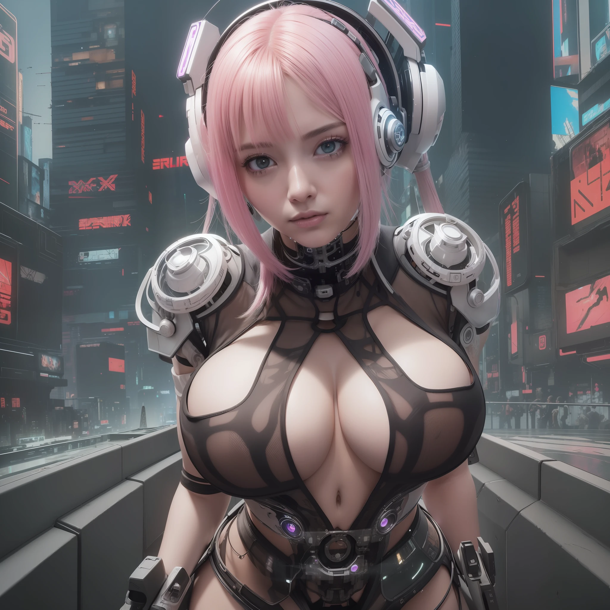 ((8k, masterpiece, best quality)), ultra-detailed, detailed beautiful round eyes, beautifully detailed face, high quality, high resolution, (cyberpunk:1.6), 3D, beautiful, Reality, HDR (High Dynamic Range), Ray Tracing, NVIDIA RTX, Super Resolution, Unreal 5, Subsurface Scattering, PBR Textures, Post Processing, Anisotropic Filtering, Depth of Field, Maximum Clarity and Clarity, Multilayer Textures, Albedo and Specular maps, Surface shading, accurate simulation of light-material interaction, perfect proportions, Octane Render, two-tone lighting, large aperture, low ISO, white balance, rule of thirds, 8K RAW, efficient sub-pixel, sub-pixel volume product, mecha girl wearing sexy ninja outfit, massive breast, (see-through dress:1.2), mecha, ruins of city, perfect ass, perfect boobs, perfect face, perfect body, nighttime, sexy body, pink hair, hands on, (twin ponytail, long hair:1), female mecha,