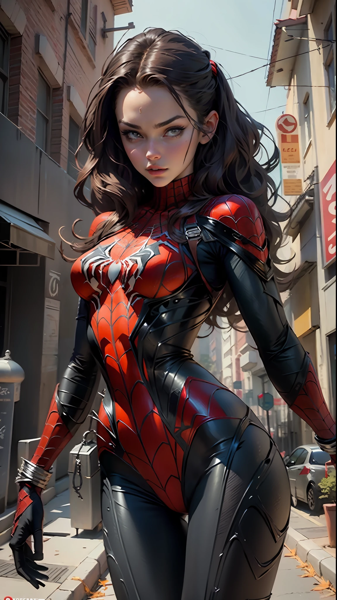 Beautiful woman detailed defined body using spider man cosplay, medium breasts, sexy