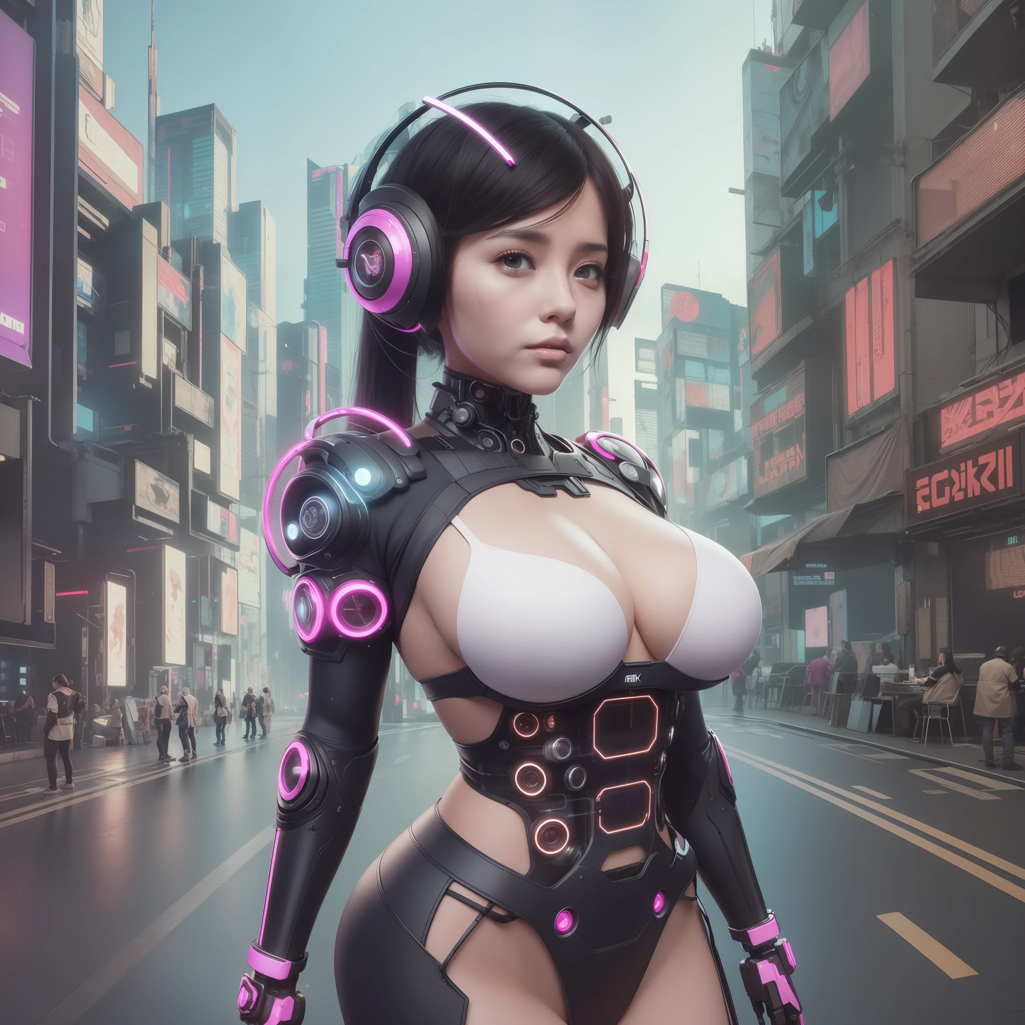 ((8k, masterpiece, best quality)), ultra-detailed, detailed beautiful round eyes, beautifully detailed face, high quality, high resolution, (cyberpunk:1.6), 3D, beautiful, Reality, HDR (High Dynamic Range), Ray Tracing, NVIDIA RTX, Super Resolution, Unreal 5, Subsurface Scattering, PBR Textures, Post Processing, Anisotropic Filtering, Depth of Field, Maximum Clarity and Clarity, Multilayer Textures, Albedo and Specular maps, Surface shading, accurate simulation of light-material interaction, perfect proportions, Octane Render, two-tone lighting, large aperture, low ISO, white balance, rule of thirds, 8K RAW, efficient sub-pixel, sub-pixel volume product, mecha girl wearing sexy ninja outfit, massive breast, (see-through dress:1.2), mecha, ruins of city, perfect ass, perfect boobs, perfect face, perfect body, nighttime, sexy body, pink hair, hands on, (twin ponytail, long hair:1), female mecha,