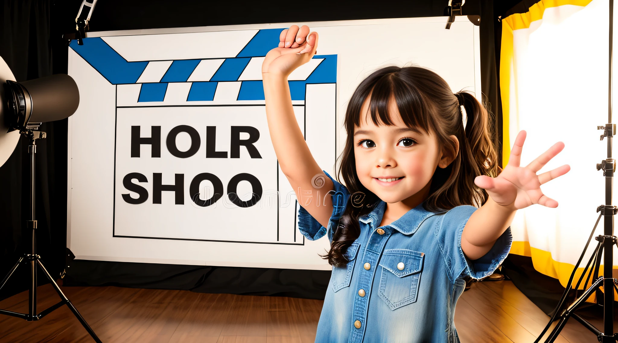 CHILD girl holding a clapping board with a movie script on it, stock image, girl in studio, film production, movie studio, movie star, studio shooting, movie clip, subject action: holding sign, subject action: holding sign, holding sign, toy commercial photo, movie set", music video, movie scene, filming, modeling studio, studio photography, behind-the-scenes photo