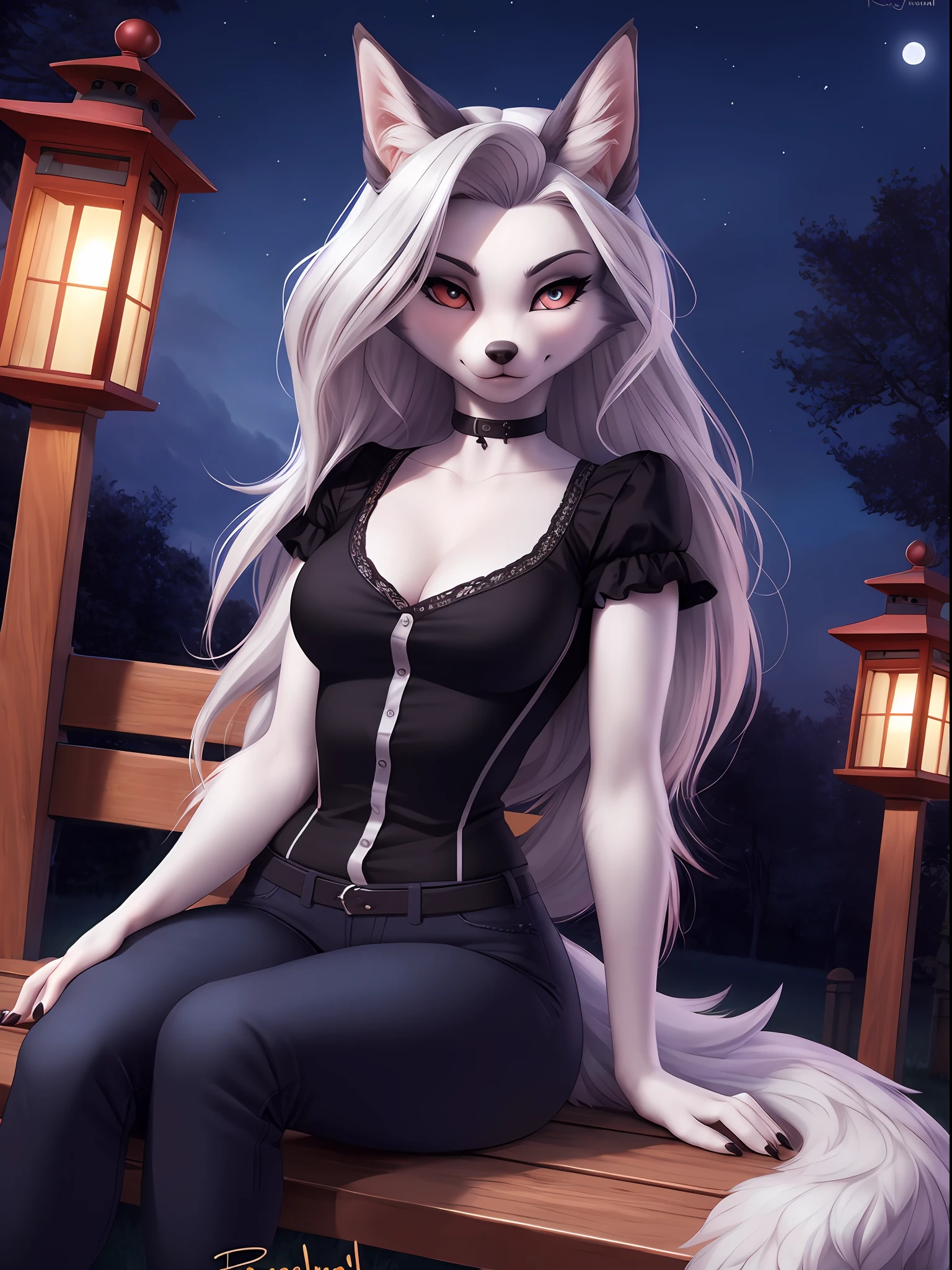 By iskra, by wolfy-nail, by personalami, Helluva Boss, Loona Hellhound, Loona, female, (detailed), view of the viewer, fluffy, solo, 1 girl, high resolution, photorealistic, cute-looking, embarrassed looking, ((clear structural details)), detailed realism, slim, soft, 4k, excellent quality, high details, (seductive), detailed fur, in the city park, sitting on bench, at night, lantern, full moon, tight jeans pants, closed jack