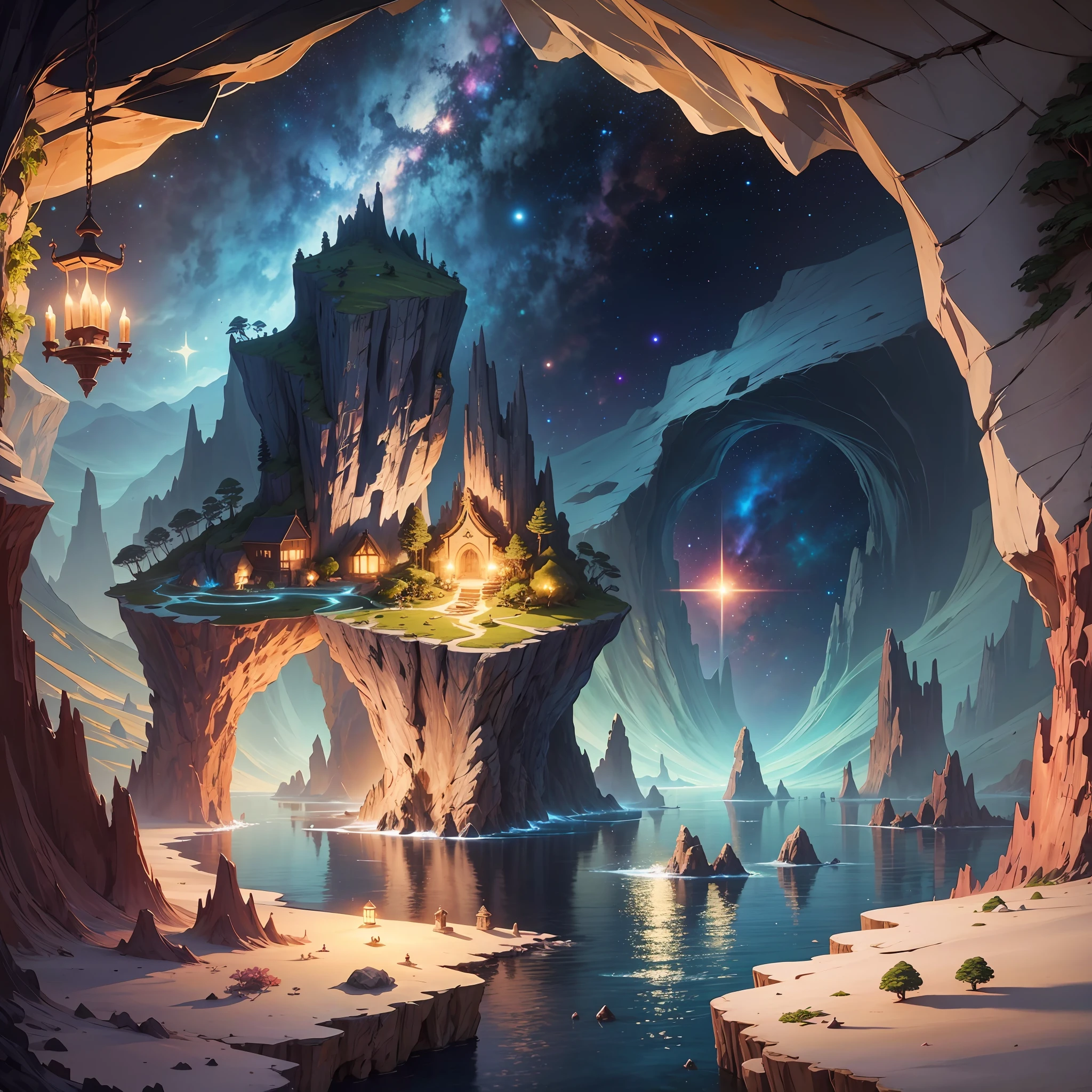 island on a night of starry sky; hidden cave to the right in the foreground; Inside the grotto is a treasure trove of gold and gems inside pirate chests --auto --s2