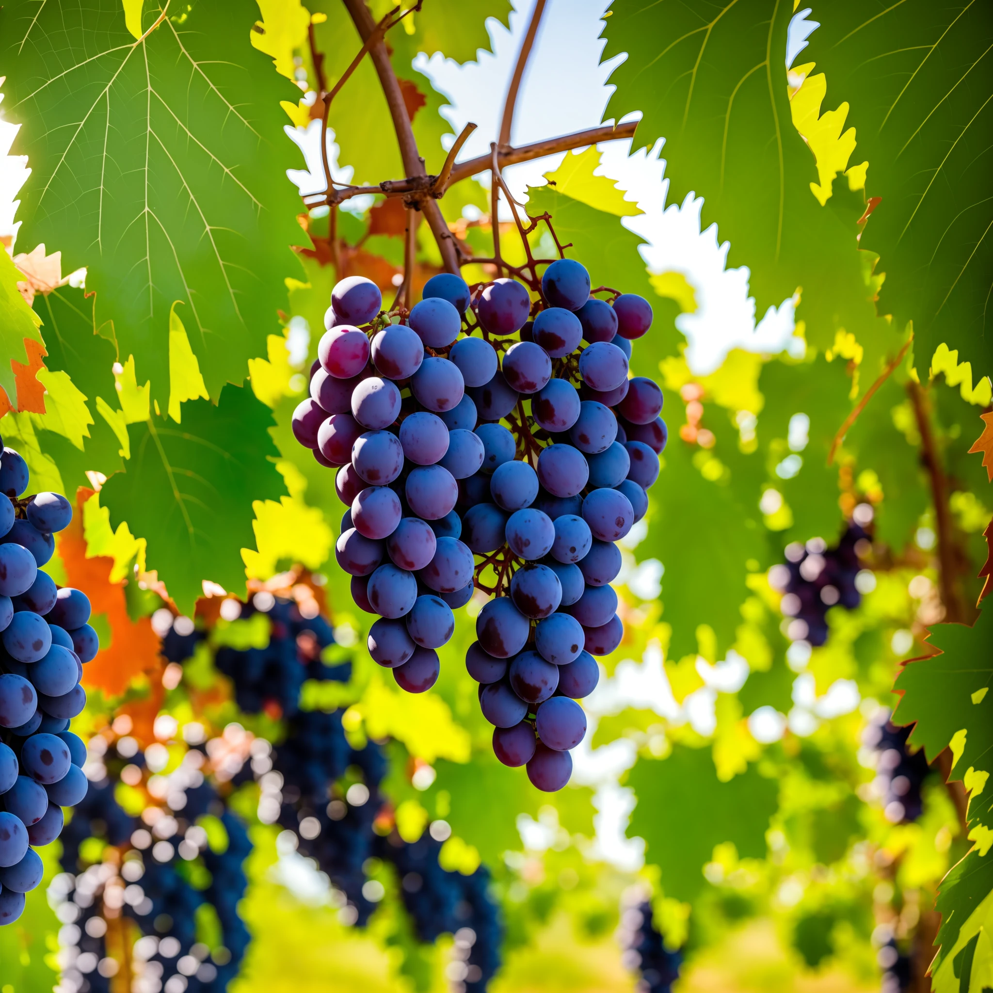 grapes on the vines in a day with clear sun and people visiting