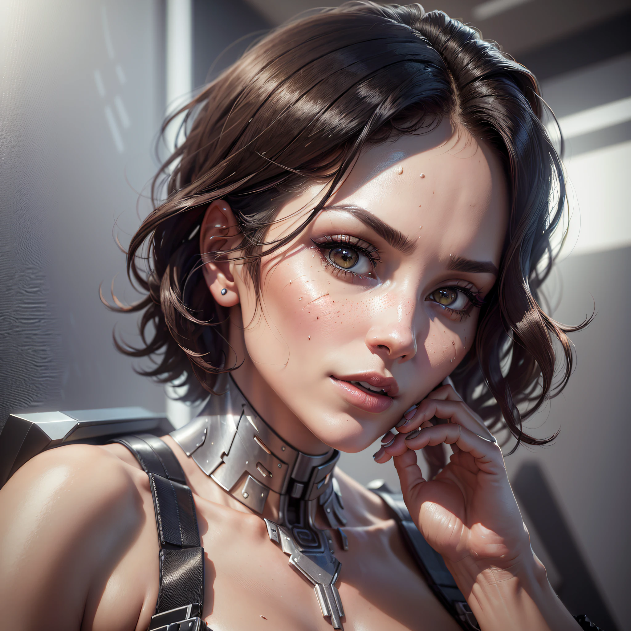 (a 30 year old woman ultra detailed 3D complex), (realistic rendering of skin texture), (hyper-realistic), ((hyper detailed face)), ((realistic facial musculature)), (hyper realistic human hair), (hair with natural movement), (realistic dark hair), (hair with short asymmetrical cut), (realistic photo), (luxurious cyberpunk), (human face), (realistic model), (transparent white acrylic body), (realistic human body parts), (sensual poses), (thigh-high photo), (ultra realistic chips), (8k cyborg structure), (mysterious expression), (8k textures), (ultra detailed), (studio light), (light ring), (beautiful light), (minimalist luxury setting), (best rendering), (masterpiece), (8k wallpaper), (masterpiece) --auto --s2