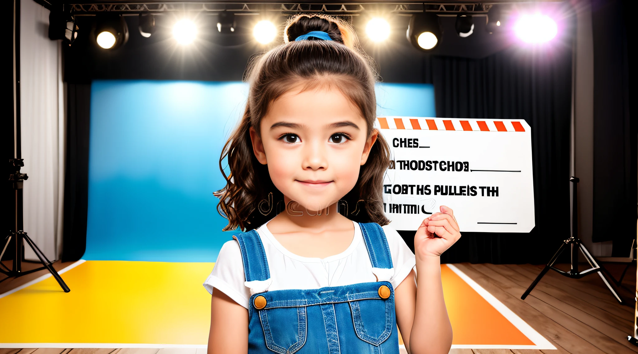 CHILD girl holding a clapping board with a movie script on it, stock image, girl in studio, film production, movie studio, movie star, studio shooting, movie clip, subject action: holding sign, subject action: holding sign, holding sign, toy commercial photo, movie set", music video, movie scene, filming, modeling studio, studio photography, behind-the-scenes photo