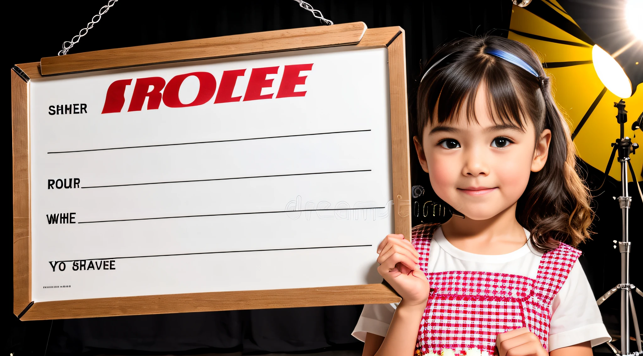 CHILD girl holding a clapping board with a movie script on it, stock image, girl in studio, film production, movie studio, movie star, studio shooting, movie clip, subject action: holding sign, subject action: holding sign, holding sign, toy commercial photo, movie set", music video, movie scene, filming, modeling studio,  studio photography, behind-the-scenes photo