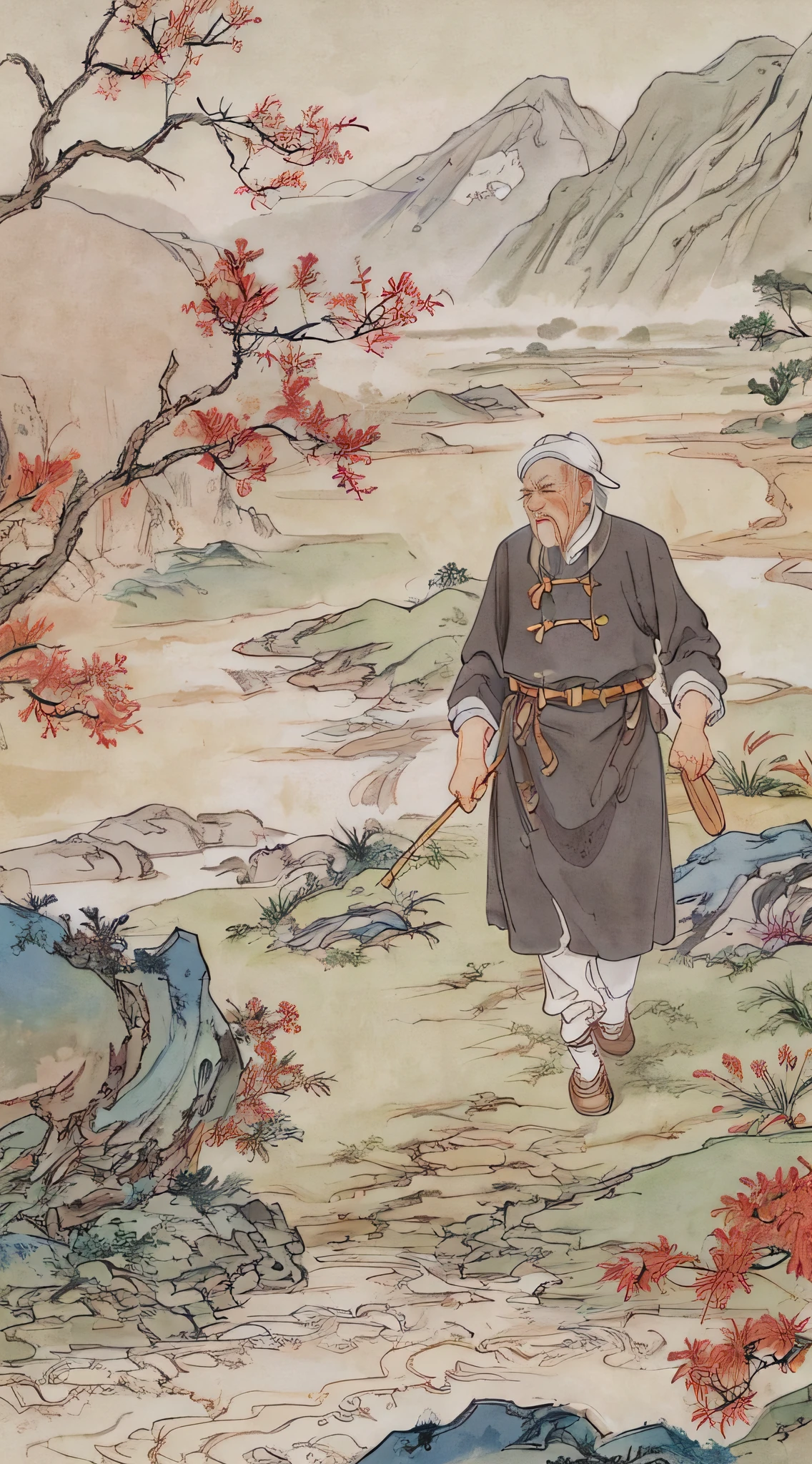 chinese painting, mountain, rock, flower, grass, river, tree, mountain in the distance, (sitting old man), (walking farmer), vanishing point, 35mm, UHD, masterpiece, ccurate, high detail, award-winning, best quality, 4K