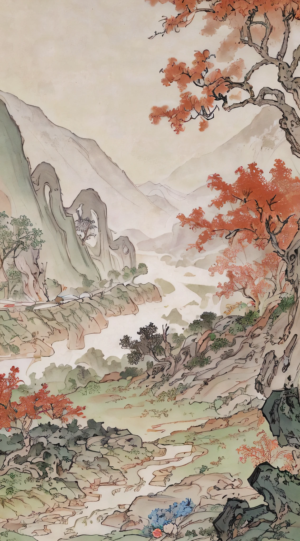 chinese painting, mountain, rock, flower, grass, river, tree, mountain in the distance, (sitting old man), (walking farmer), vanishing point, 35mm, UHD, masterpiece, ccurate, high detail, award-winning, best quality, 4K