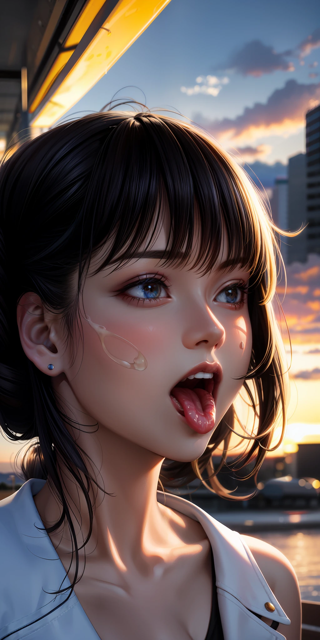 realistic, woman, selfie, wide mouth, licking, soft serve ice cream, face zoom, background sunset