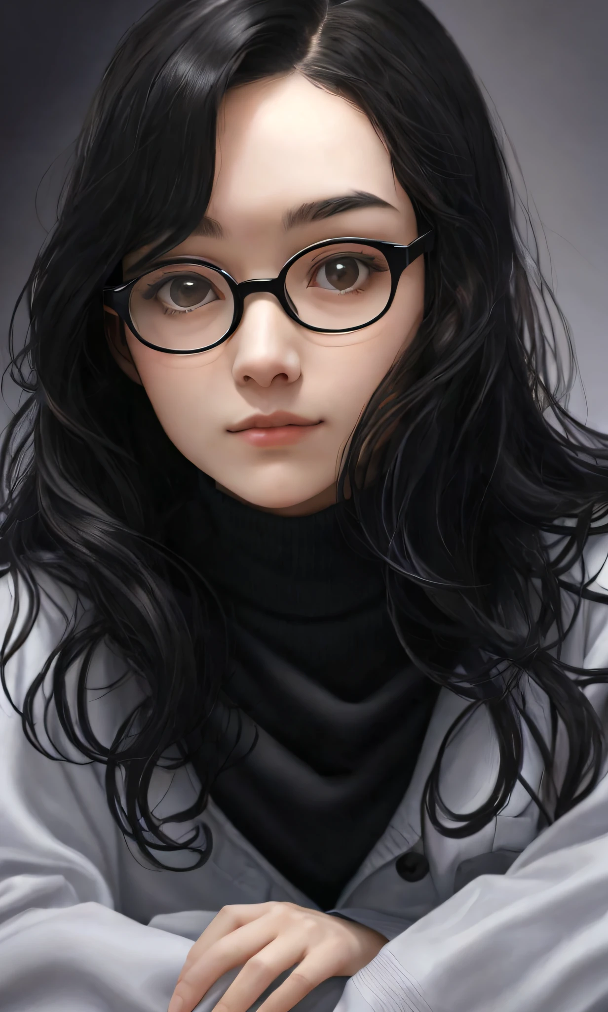 There is a woman with glasses posing for a photo, wavy long black hair and glasses, high quality image, profile picture, black hair and big eyes, wearing black rimmed glasses, with glasses, high quality photography, ayahausca, wearing thin large round glasses, wearing black frame glasses, low quality photo, !! Wearing modern glasses!!, Angiewolf, smooth mona style, cat on lap, rounded face --auto --s2