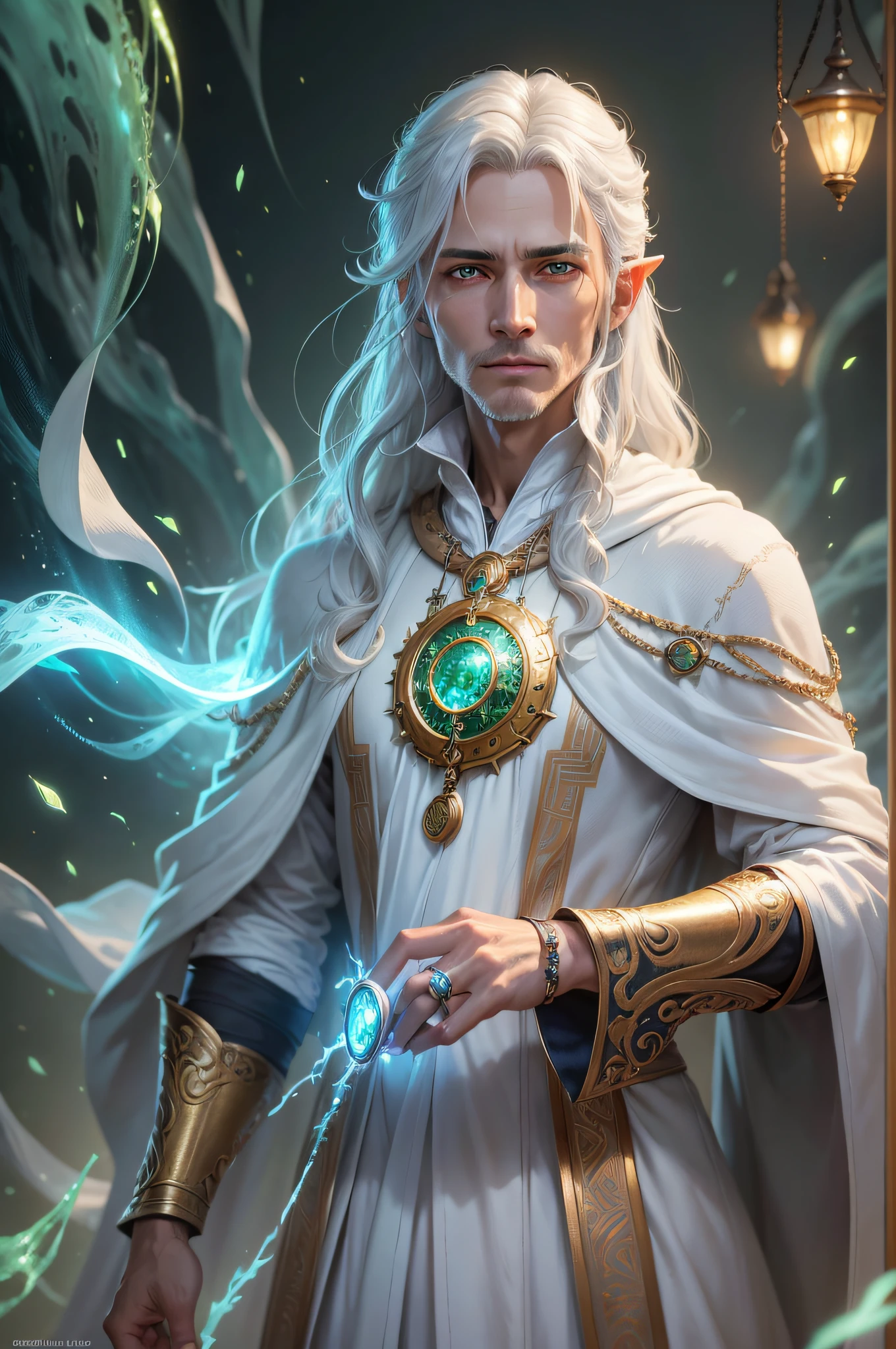 (Painting: 1.3) of (Detailed illustration: 1.3) A (full body: 1.3) shot in 8k resolution, splash art, photorealistic, anatomical photorealistic digital painting portrait of one (young githzerai: 1.3) Githzerai man(sorcerer: 1.3) in white and intricate cyan (white wizard's robe: 1.3), very detailed green colored skin, very detailed golden bright eyes (old ring style: 1.3),  conceptual artist, global lighting, depth of field, splash art. Antique pocket watch channeling energy into your hands, long white male hair, yellow eyes, pointy ears, serious, god rays, ray tracing, Realism, best quality,