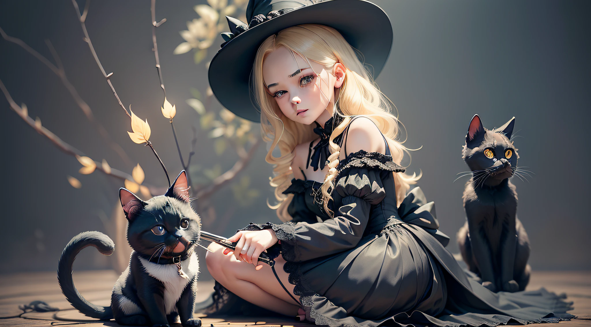 A detailed and charming description of a cute little witch in black with a delicate look, blonde hair and a black cat on the side. Its realistic 3D appearance is captivating, with soft and expressive strokes. The little witch wears a black dress adorned with magical details and holds a magic wand in her hand. Her blonde hair cascades down with a soft sheen, complementing her gentle and curious expression. Beside him, the shiny-furred black cat watches with mysterious, enigmatic eyes --auto --s2