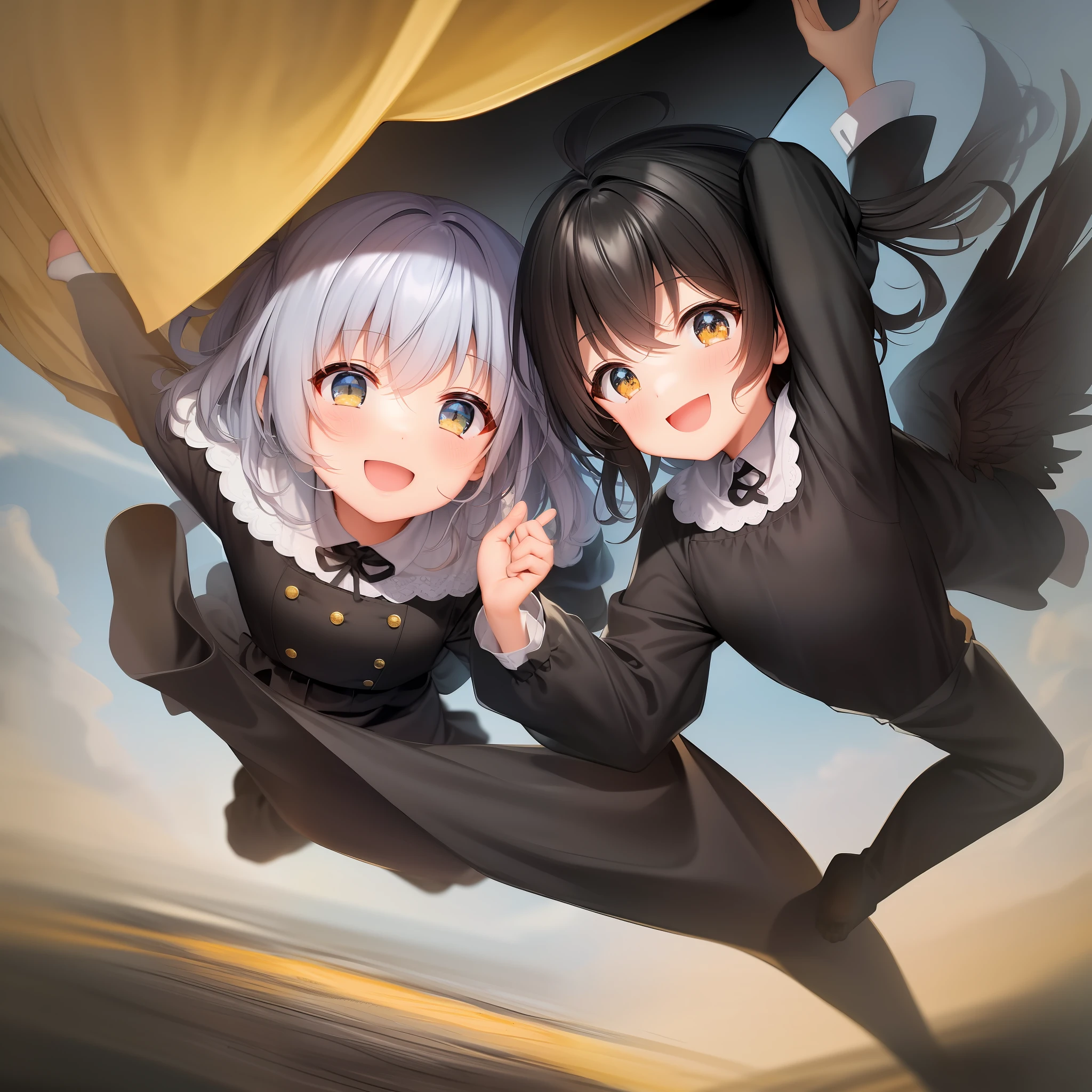 A drawing of 3 cheerful children, flying on top of a black-cover book.