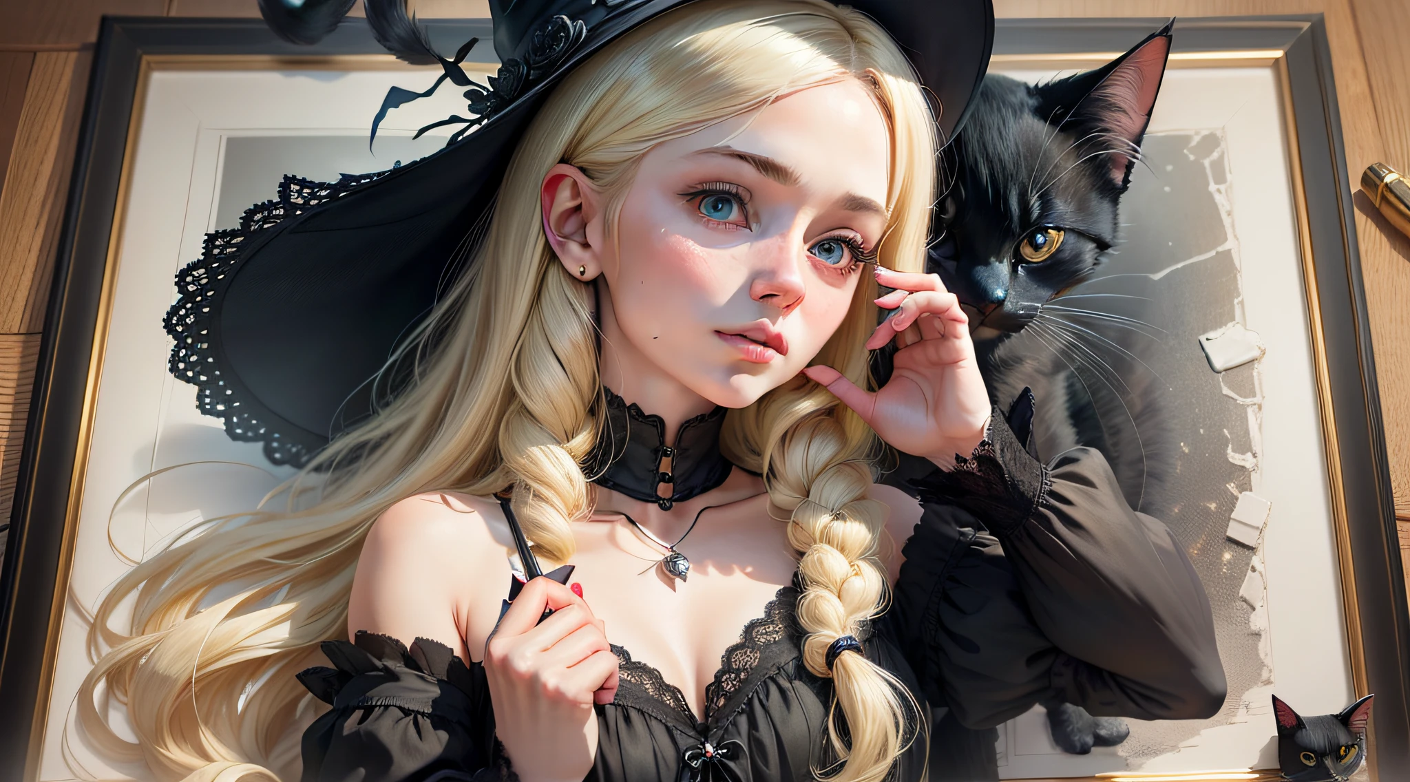 A detailed and charming description of a cute little witch in black with a delicate look, blonde hair and a black cat on the side. Its realistic 3D appearance is captivating, with soft and expressive strokes. The little witch wears a black dress adorned with magical details and holds a magic wand in her hand. Her blonde hair cascades down with a soft sheen, complementing her gentle and curious expression. Beside him, the shiny-furred black cat watches with mysterious, enigmatic eyes --auto --s2