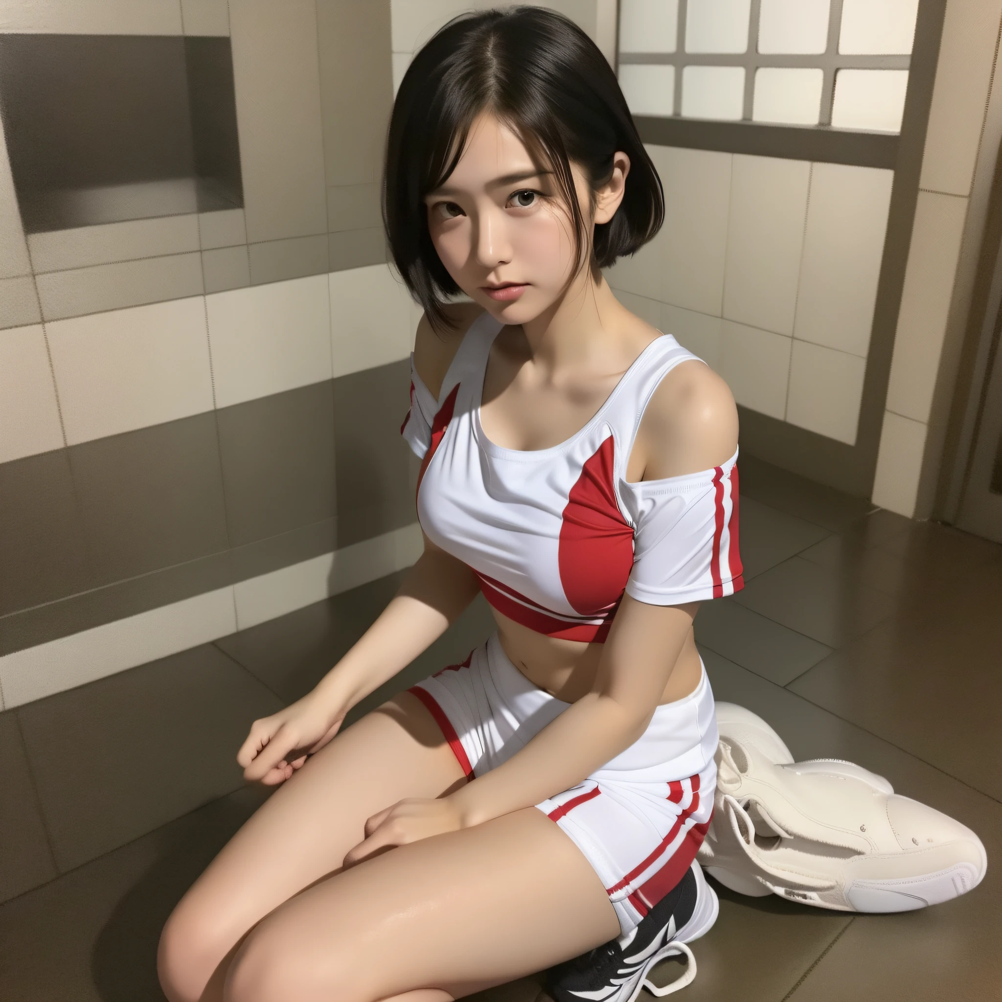 (Best Quality)), (Masterpiece), (Super Elaborate CG Unity 8K Wallpaper), (Realistic Shadows), (Depth of Field), (Hotel Bedroom Background), (Cute Japan Woman) (Face Details: 1.2), Normal Breast Size, Female Volleyball Player, (Red and White Tight and Off-Shoulder Uniform: 1.4), (Bikini Size Black Valley Shorts: 1.4), Baby Face, Serious Look, Short Hair, strong thighs, broad shoulders, tall stature, do not look at the camera, non-subjective, do not look at the viewer, soaked, white volleyball, white socks, white sneakers, open legs stretch, preparatory exercise,