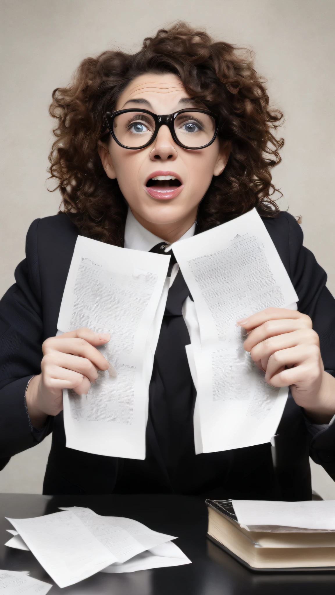 A woman lawyer, with curly hair, wearing glasses, hands on her head and expression of fright, some papers are scattered around her