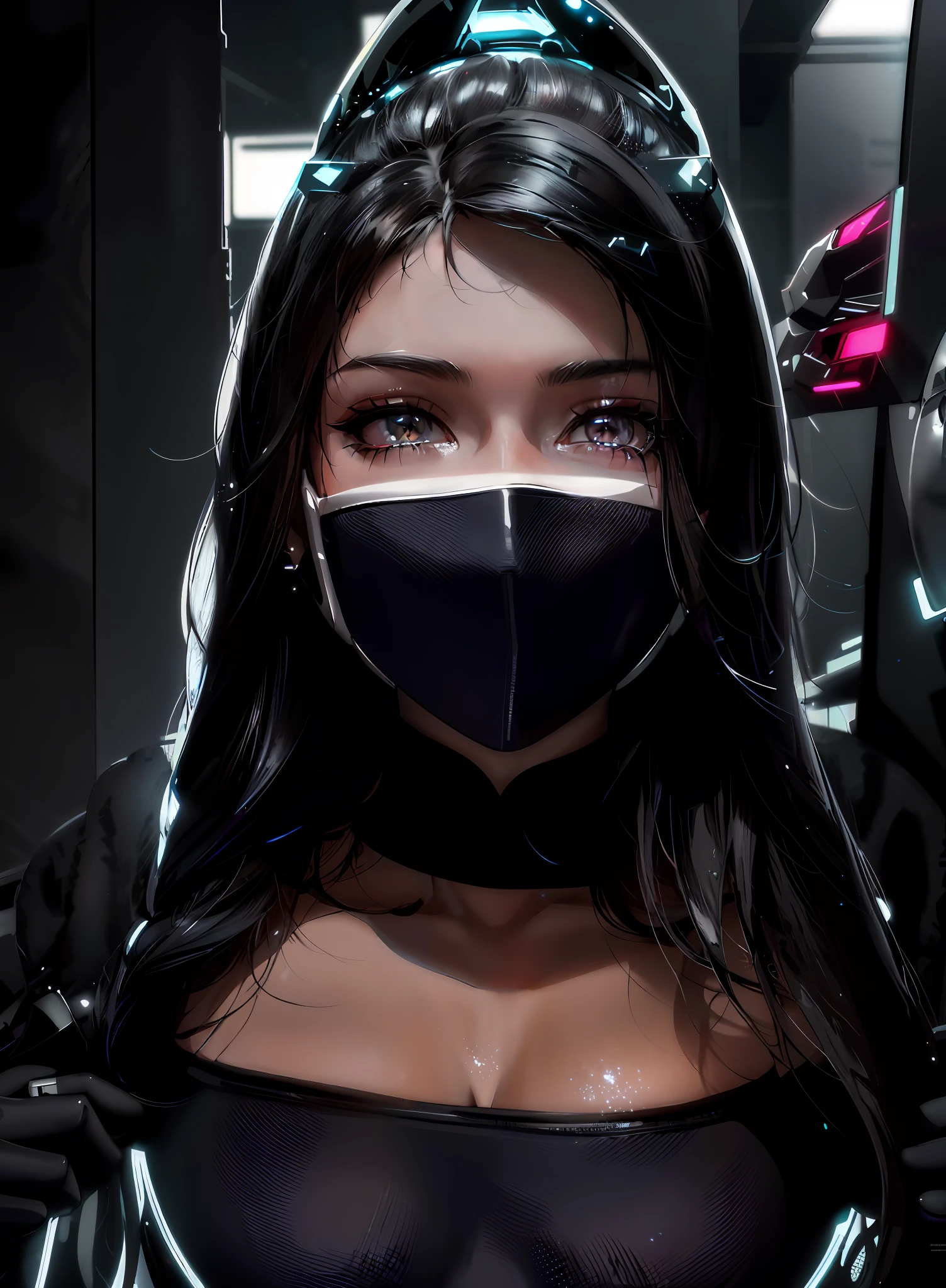 a close up of a woman wearing a black and white mask, beautiful cyberpunk girl face, seductive tifa lockhart portrait, beautiful cyberpunk woman model, the cyberpunk girl portrait, jet black haired cyberpunk girl, cyberpunk judy alvarez, cyberpunk beautiful girl, cyberpunk art ultrarealistic 8k, tifa lockhart portrait, photograph of a techwear woman, female cyberpunk anime girl